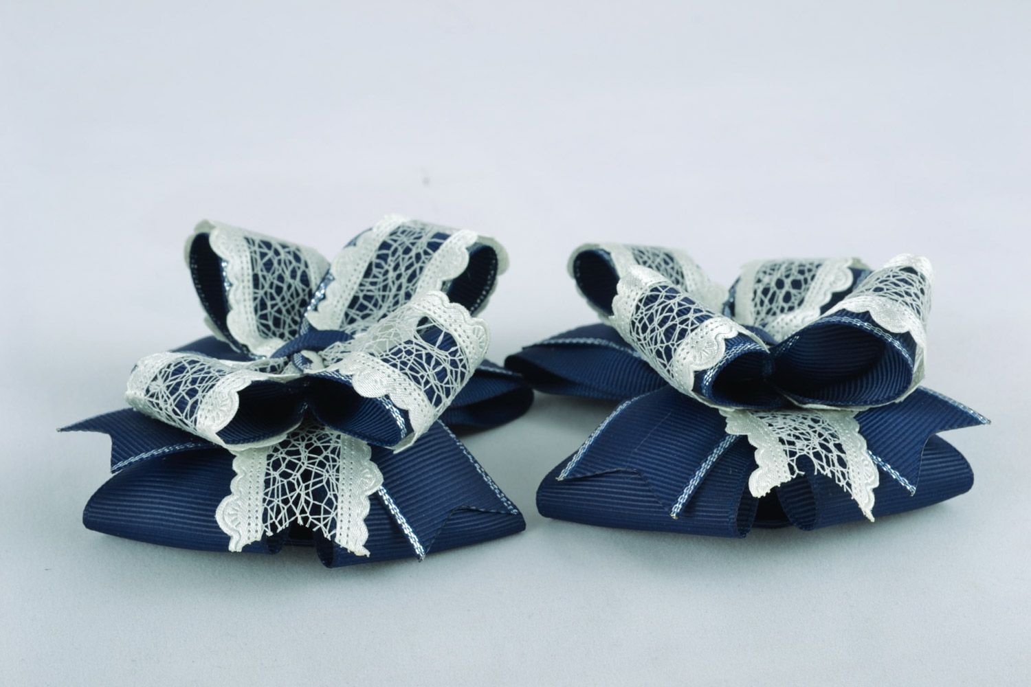 Set of blue handmade hair bows 2 pieces textile hair clips photo 5