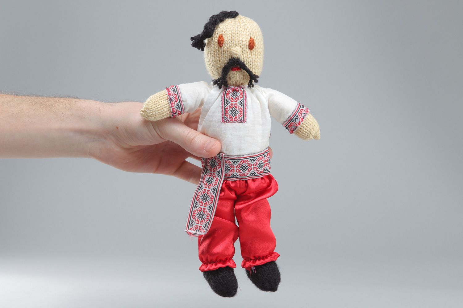 Handmade acrylic knit soft toy Cossack in embroidered shirt and bloomers photo 4