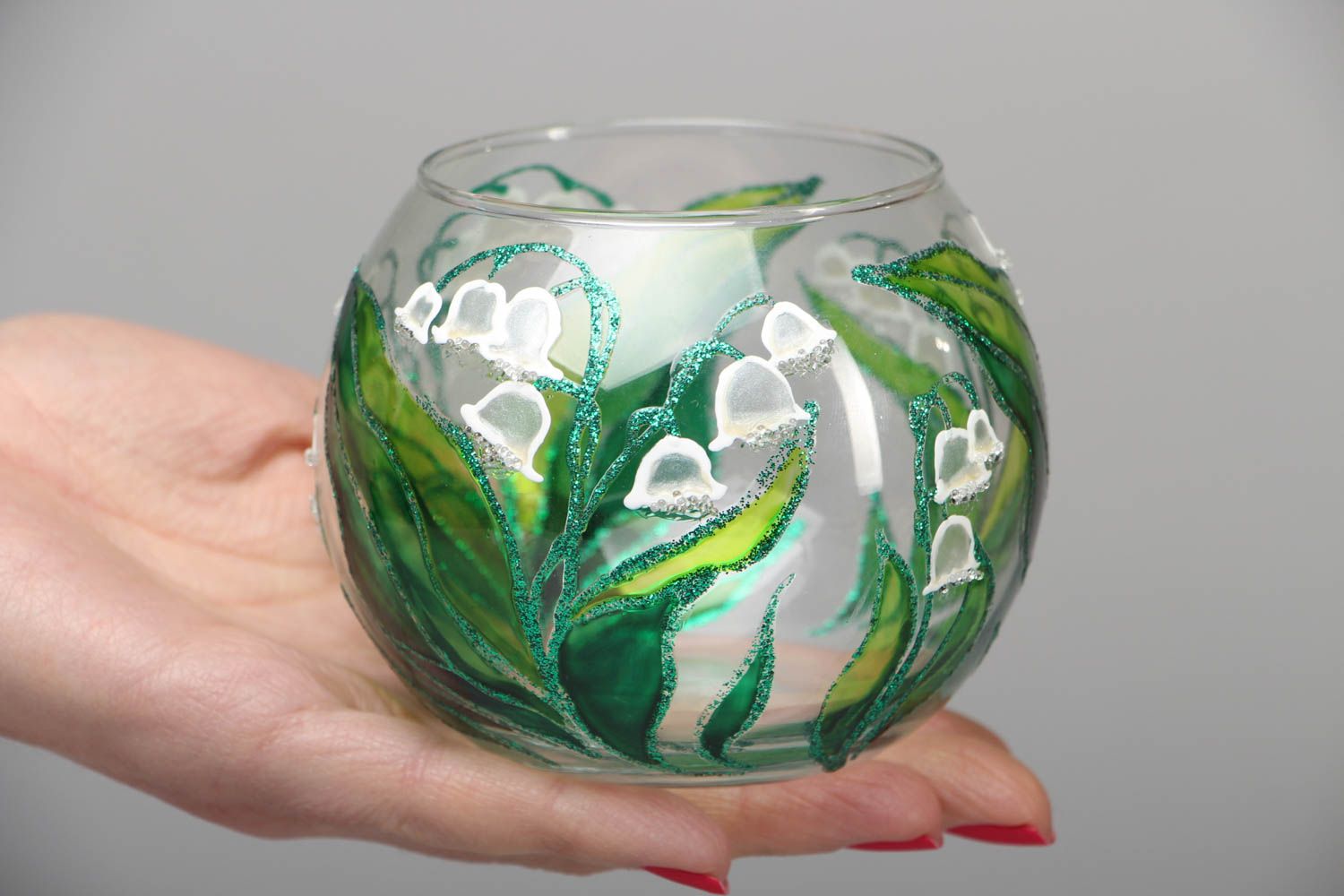 Handgemachter Teelichthalter aus Glas, Maiglöckchen foto 3
