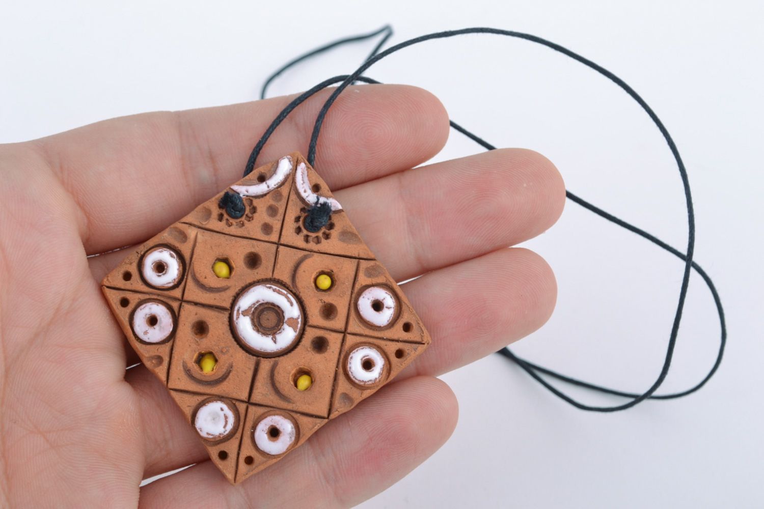 Handmade ceramic pendant of square shape with painting in ethnic style for women photo 2