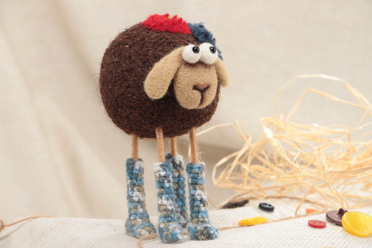 Handmade designer soft toy crocheted and felted of wool funny lamb in booties photo 3
