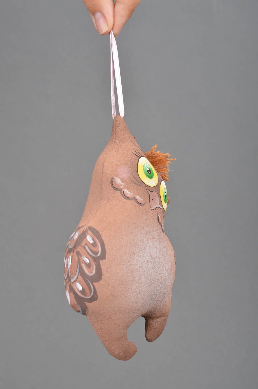 Handmade decorative brown toy owl with loop interior designer wall pendant photo 3