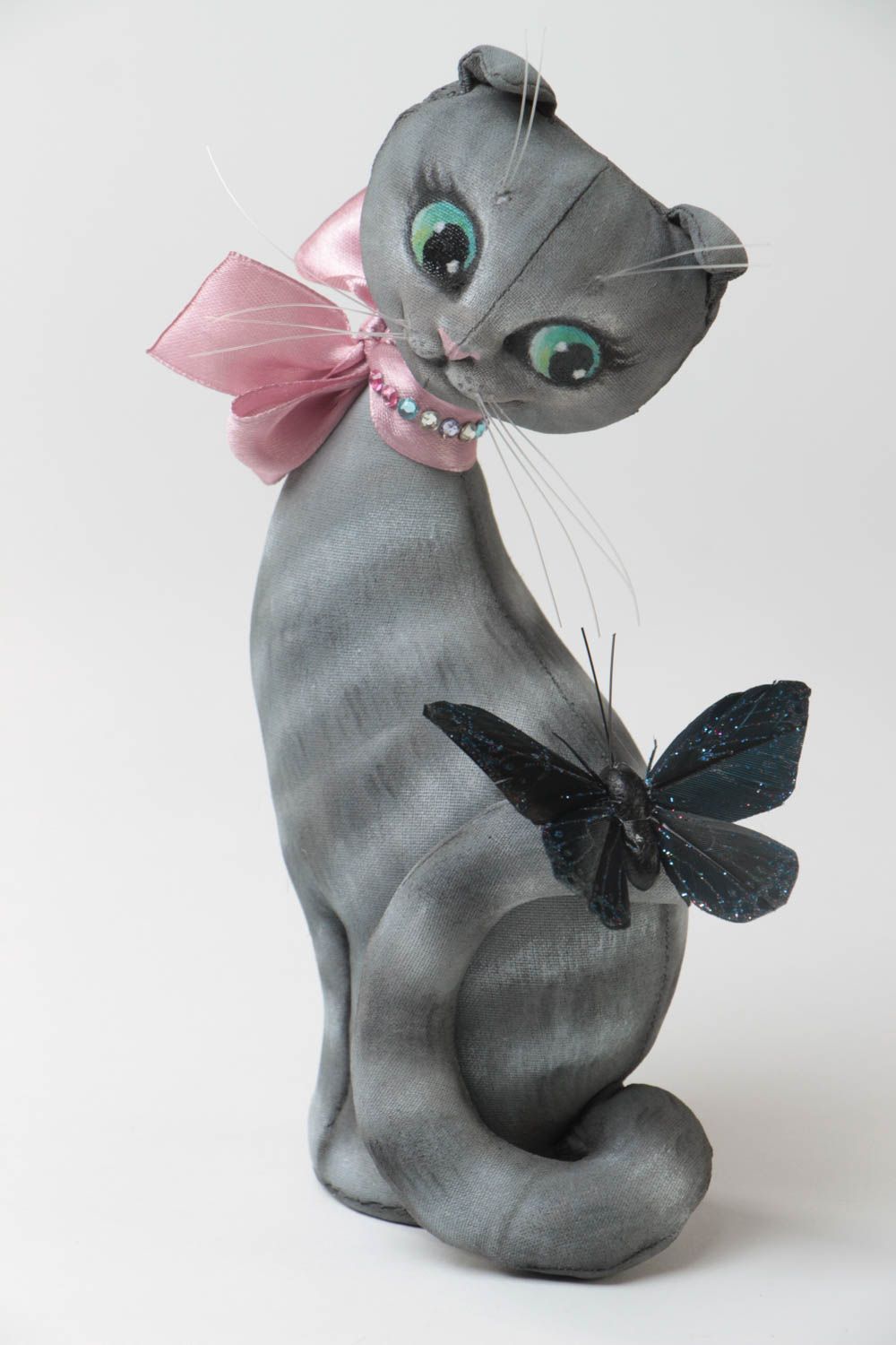 Handmade soft toy sewn of primed cotton fabric gray cat with vanilla aroma photo 2