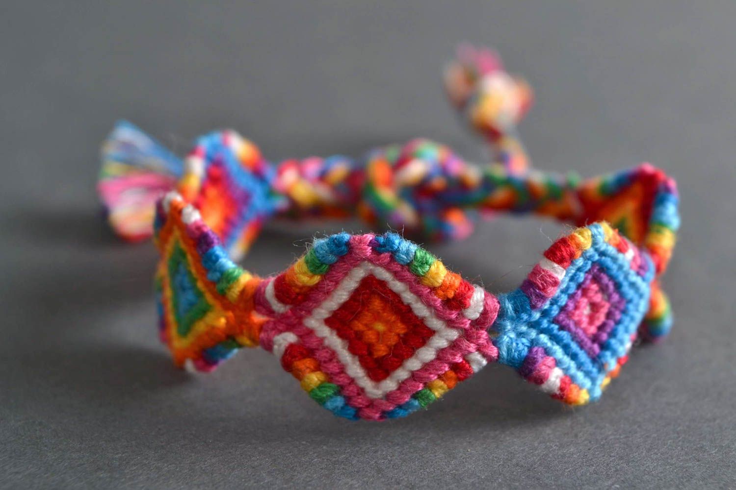Unusual bright handmade macrame woven friendship bracelet with ties photo 1