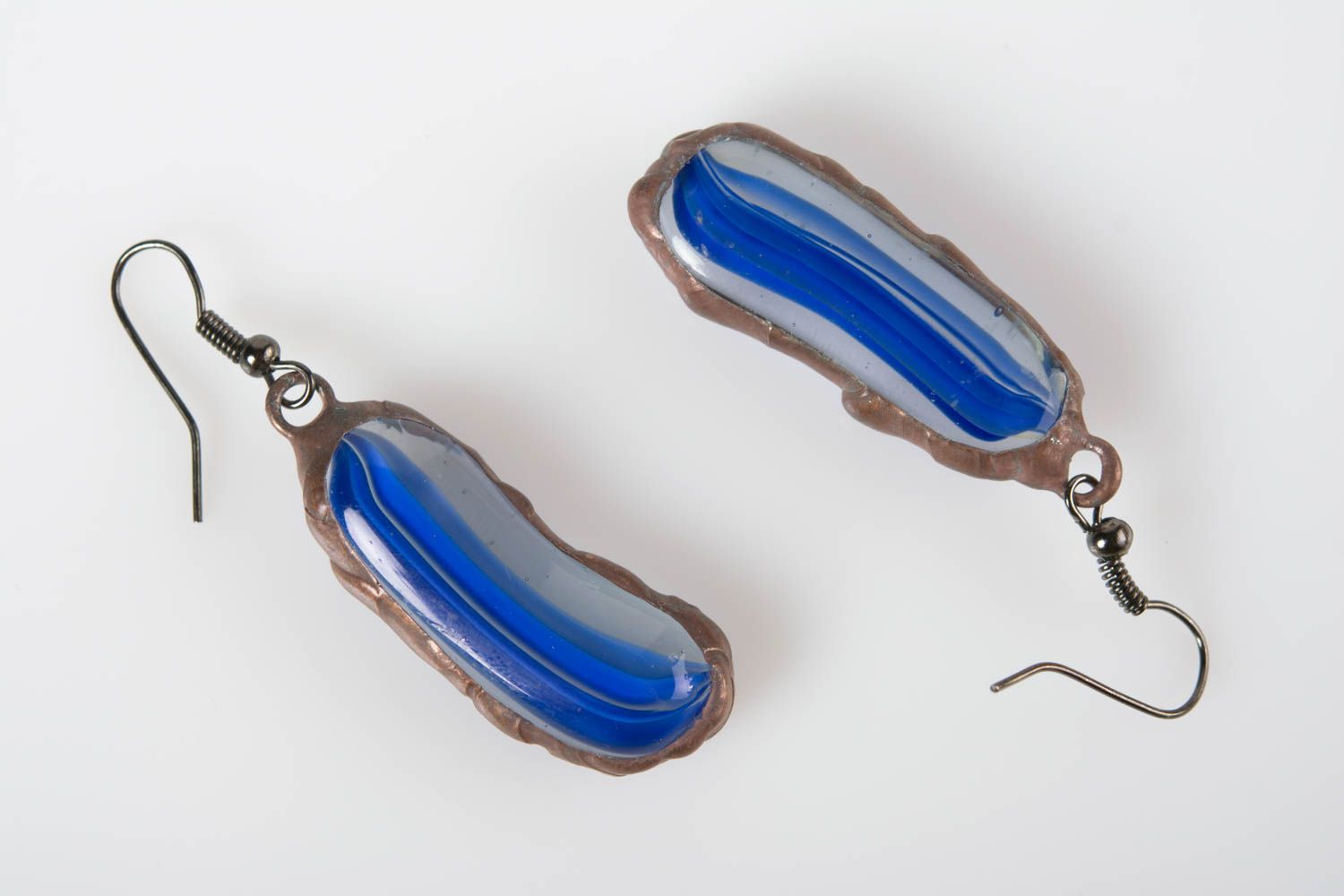 Beautiful handmade designer blue unusual earrings made of glass and metal photo 4