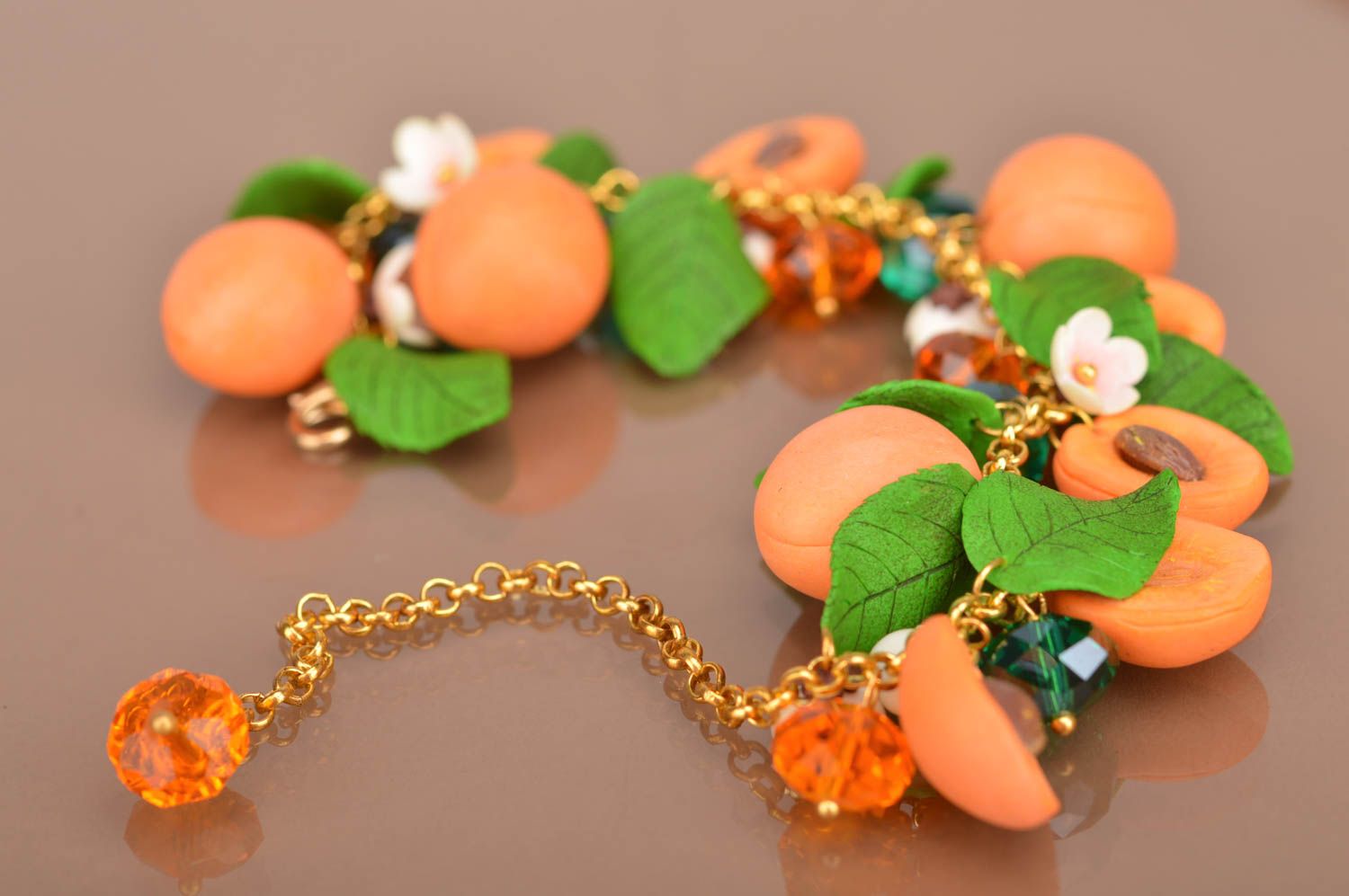 Apricot beads' bracelet with green leaves. Great gift for a woman photo 3
