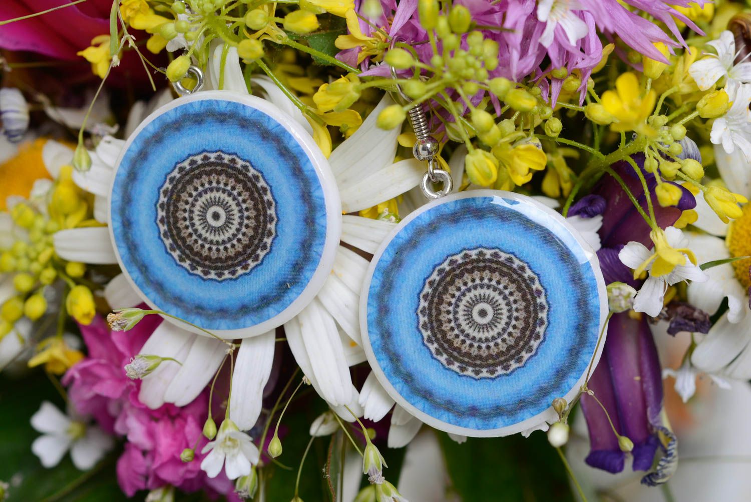 Earrings made of polymer clay with pattern round-shaped blue handmade jewelry photo 3