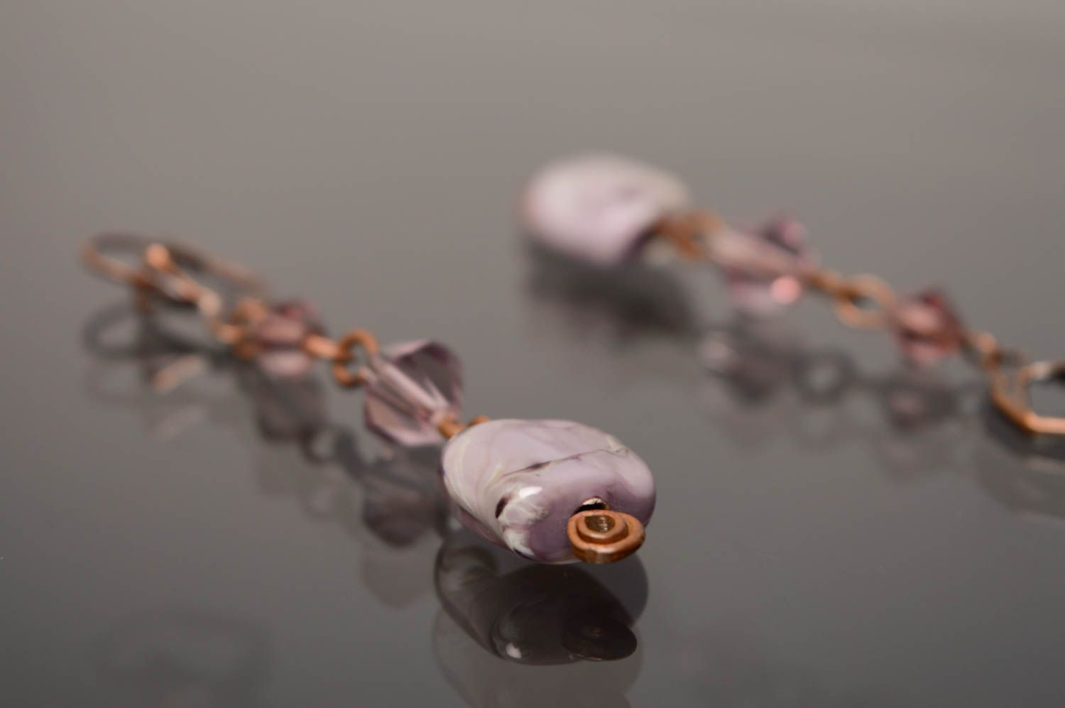 Long earrings with lampwork glass beads Violets photo 3