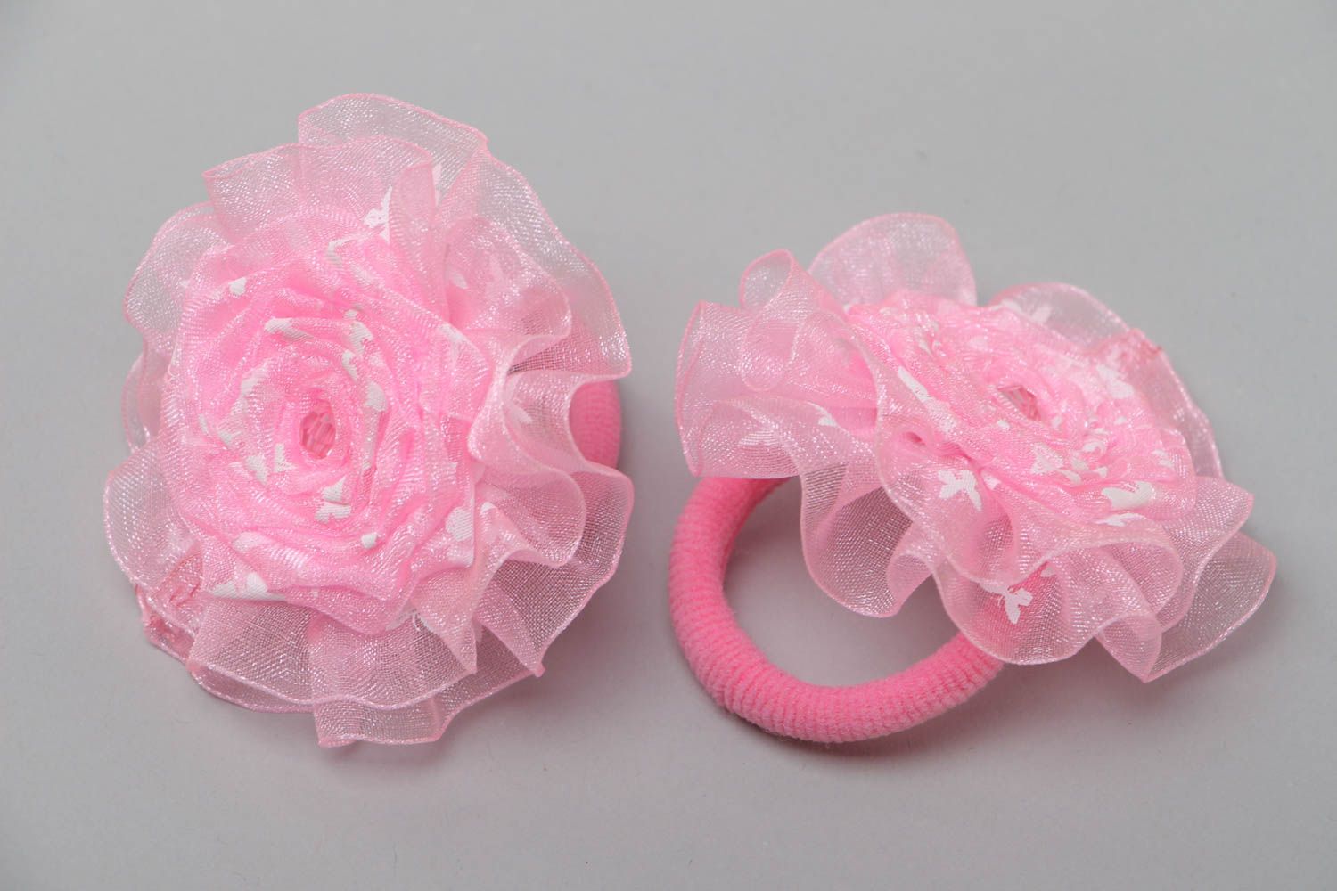 Set of handmade scrunchies with satin ribbons and organza flowers 2 pieces pink  photo 3