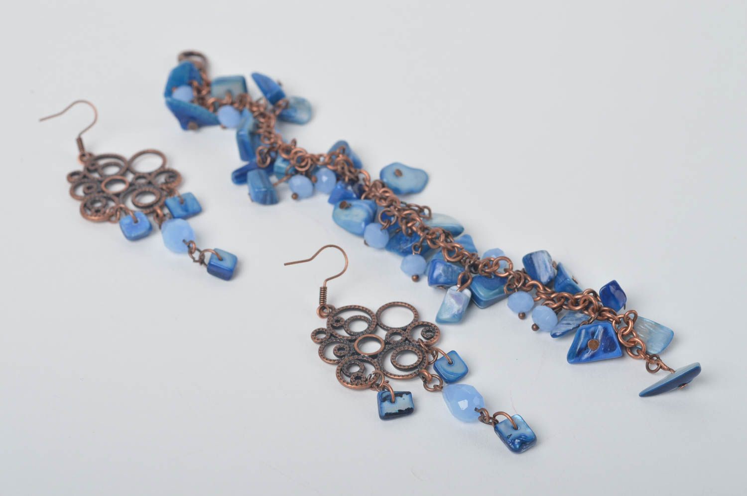 Handmade jewelry set unusual metal bracelet designer nacreous earrings photo 4
