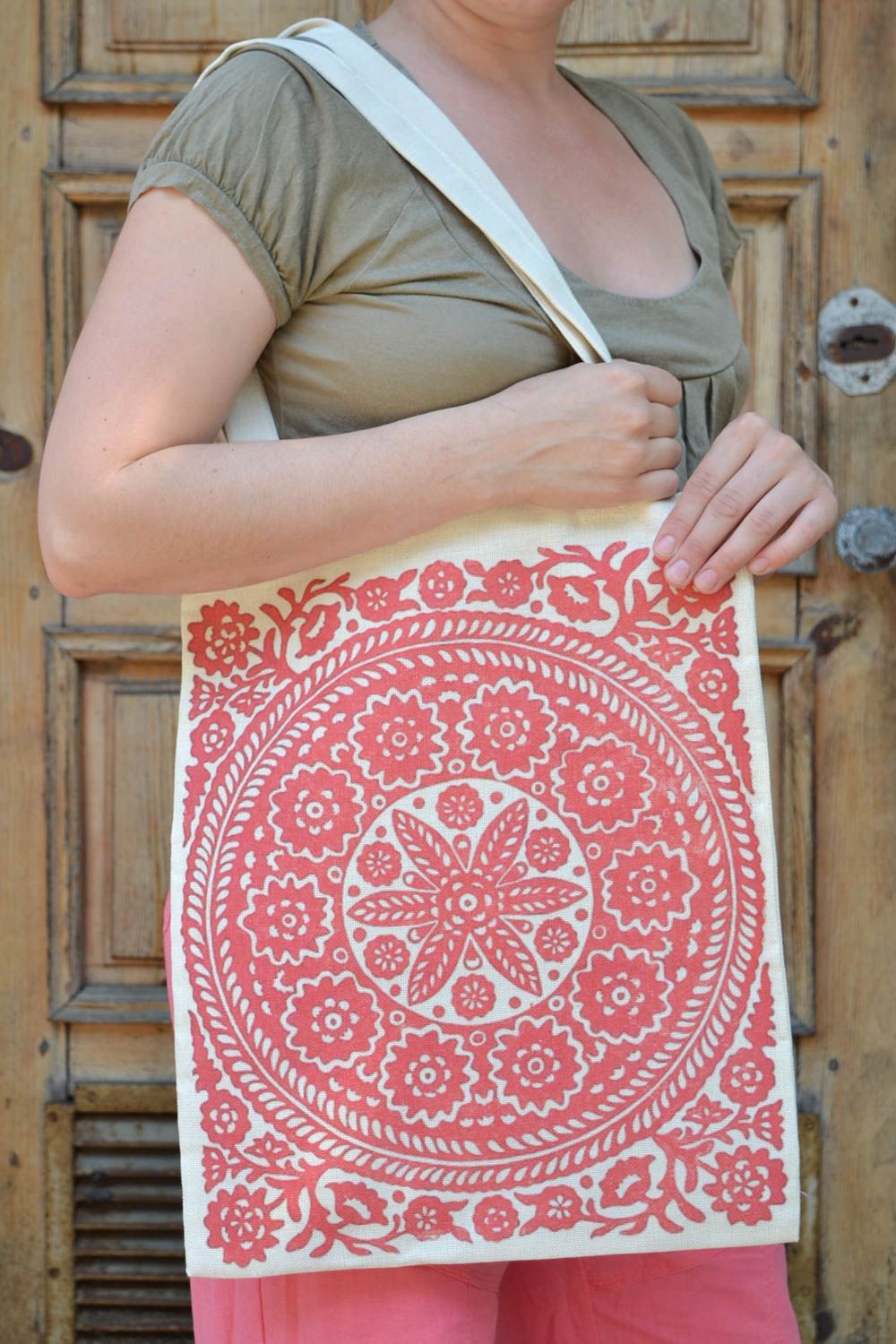 Textile handmade summer stylish eco bag with red ornament in ethnic style photo 1