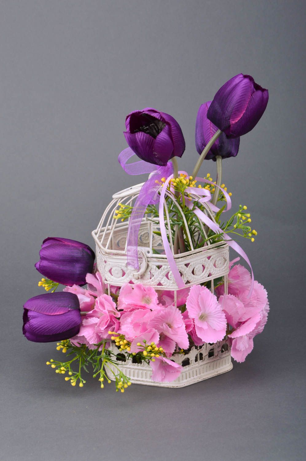 Клетка для декора интерьера с цветами фиолетовыми тюльпанами ручной работы фото 5