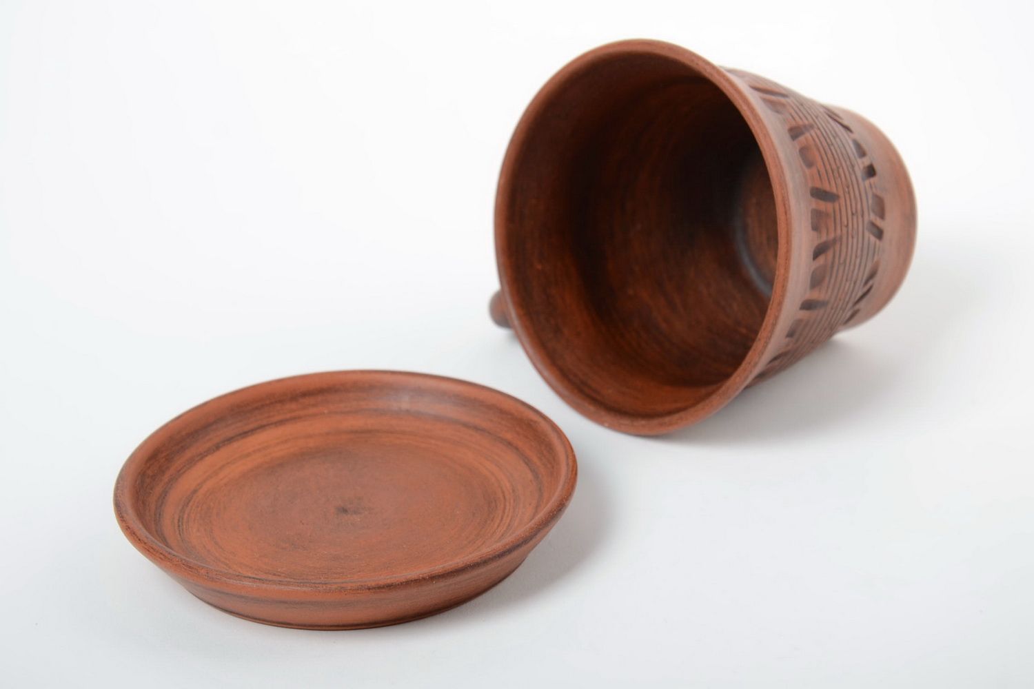 Tazza in ceramica con piattino fatta a mano calice in argilla utensili da cucina foto 3