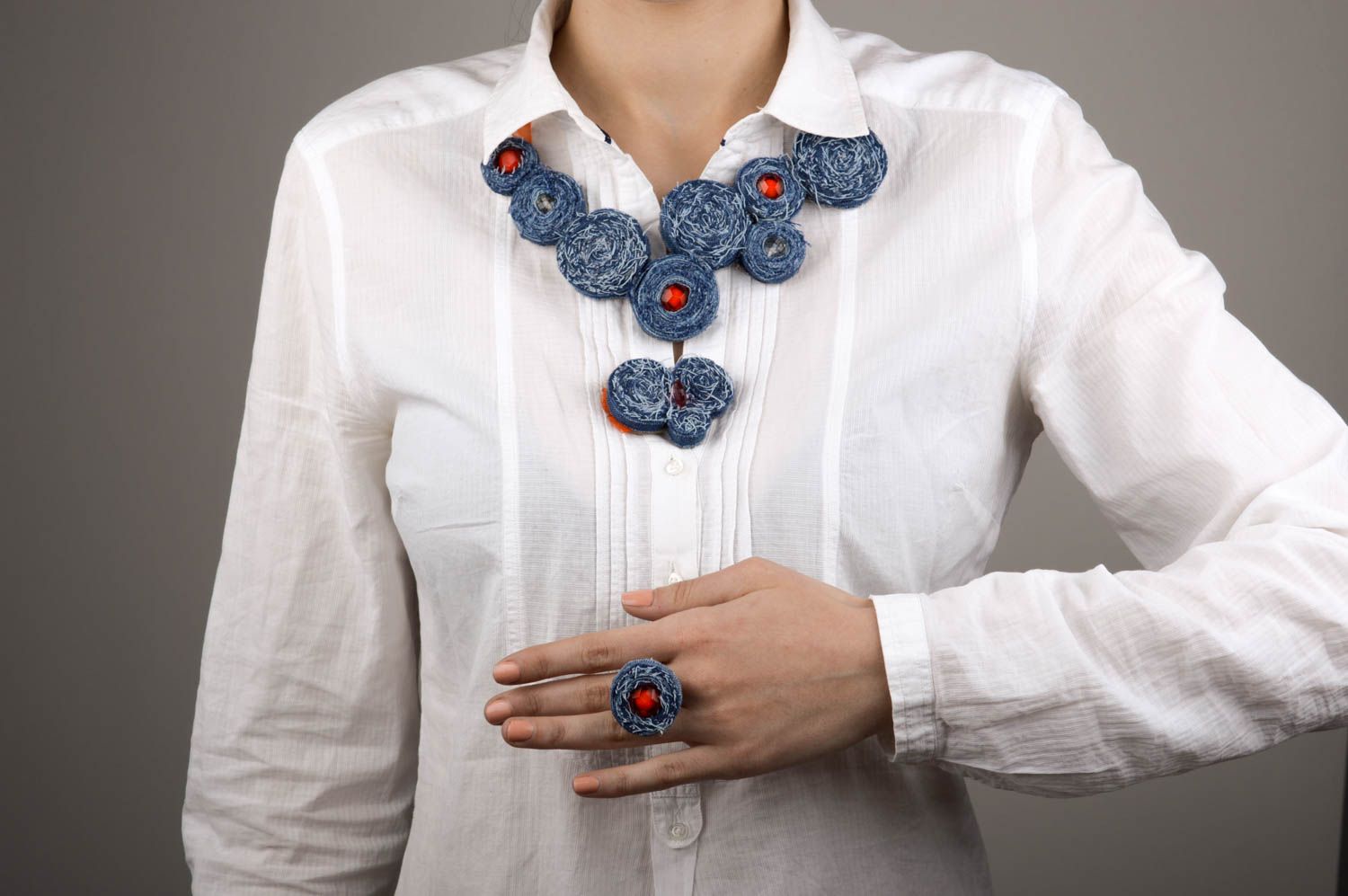 Stylish handmade jewelry set textile ring fabric necklace brooch jewelry photo 2