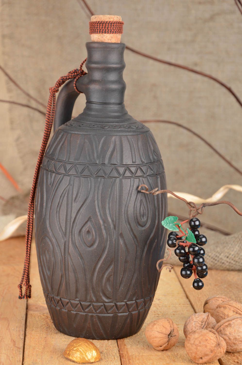 Large handmade ceramic dark bottle with cork kilned with milk for 1.75 l photo 1