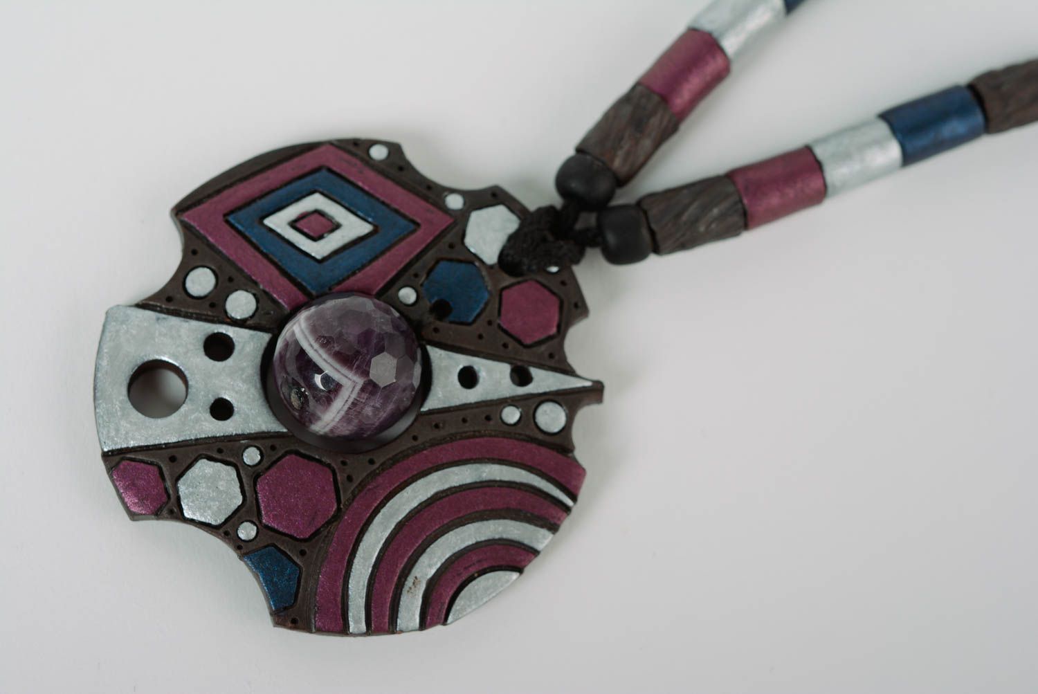 Handmade designer pendant made of clay and painted with colored enamel with bead photo 2