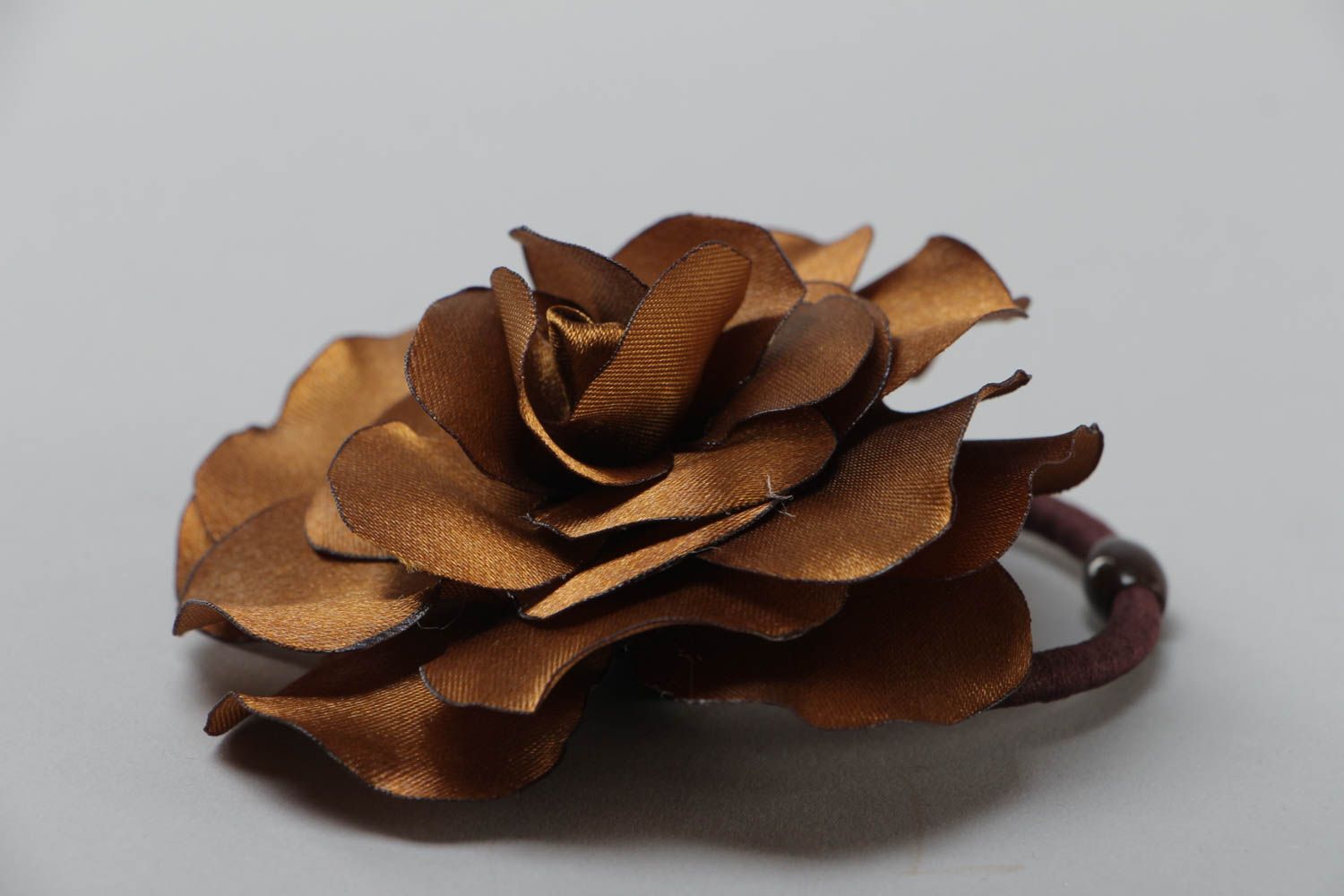 Handmade decorative hair band with volume satin ribbon rose flower of brown color photo 3