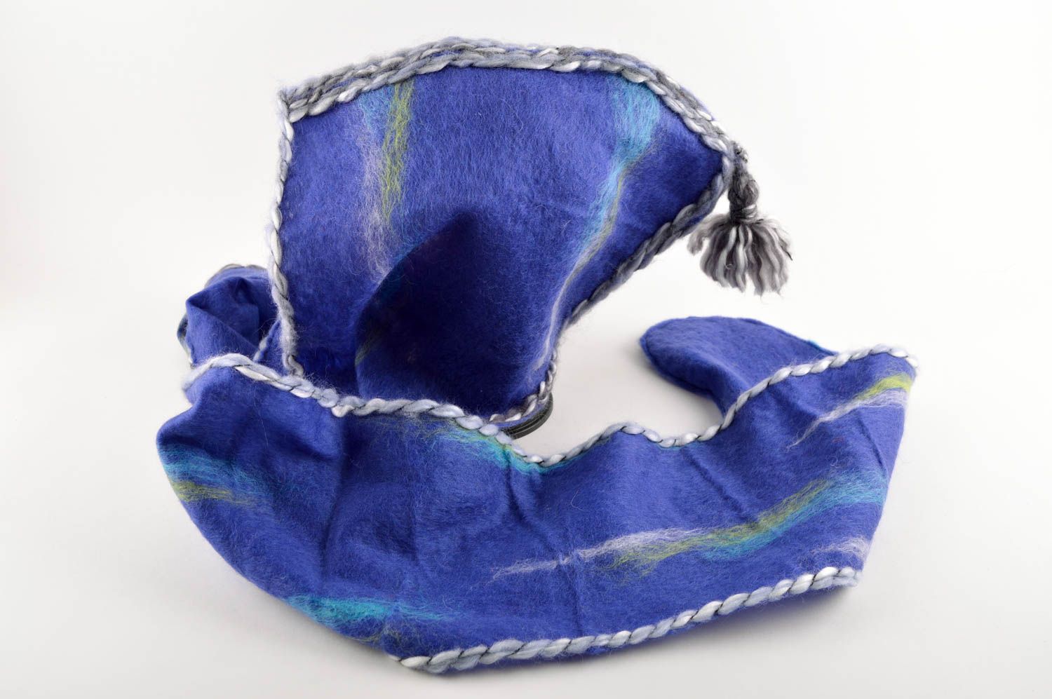 Необычный головной убор хэнд мейд шарф с капюшоном голубой зимний головной убор фото 2