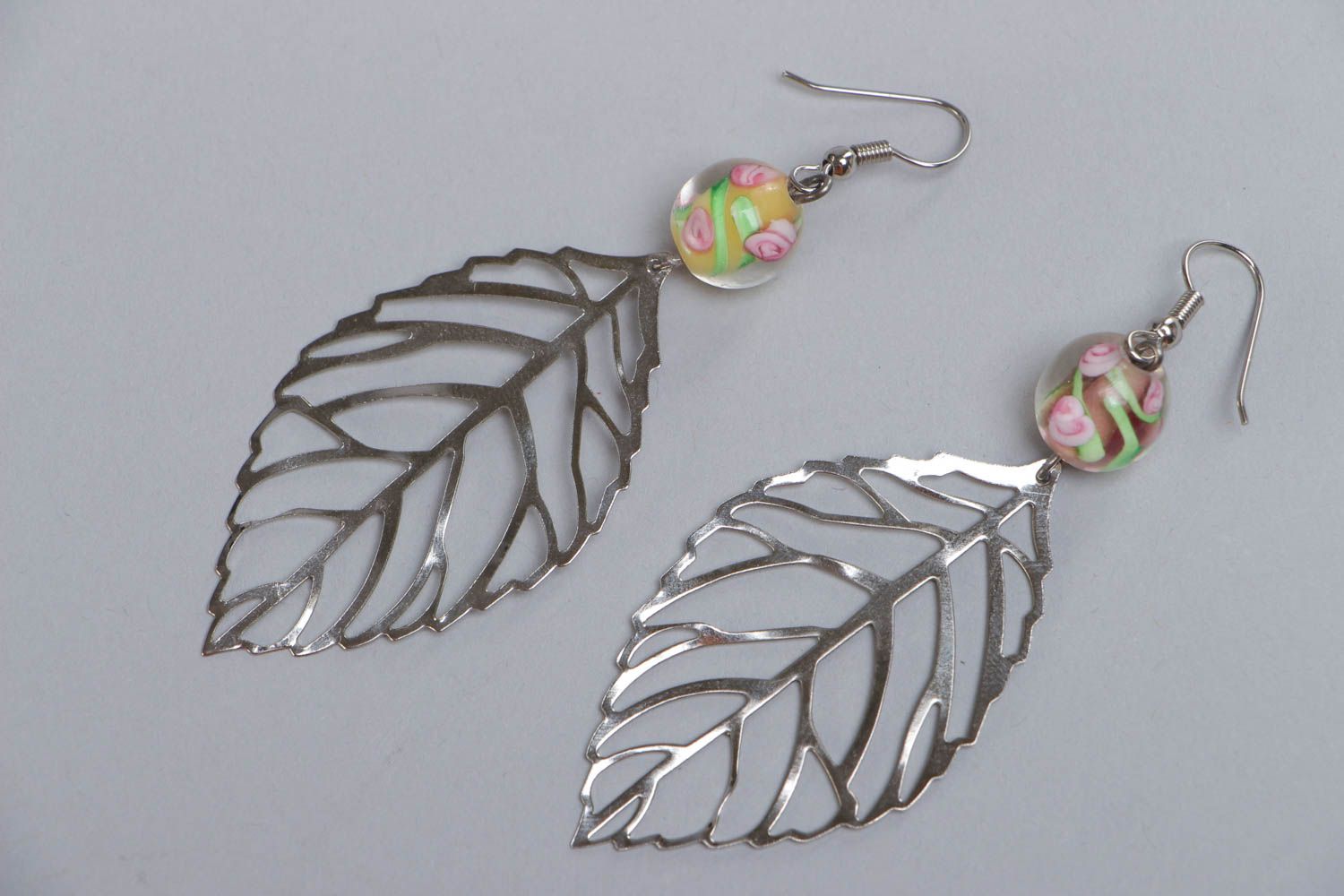 Handmade stylish metal earrings Leaves with glass beads summer designer accessory photo 2