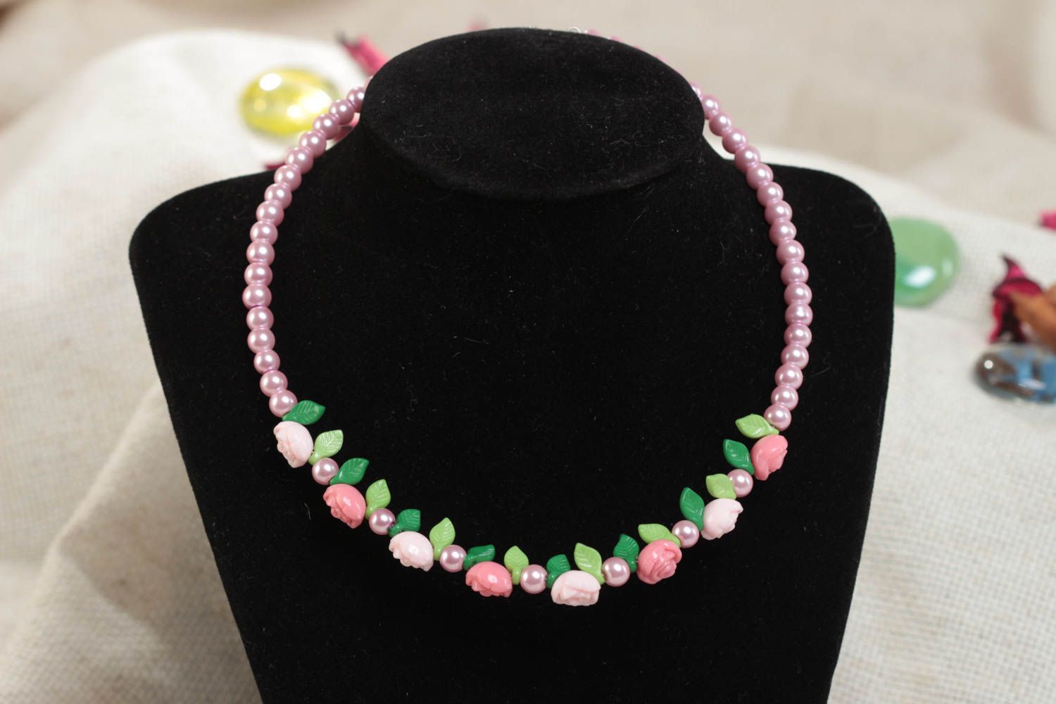 Gentle handmade designer children's bead necklace with flowers beautiful  photo 1
