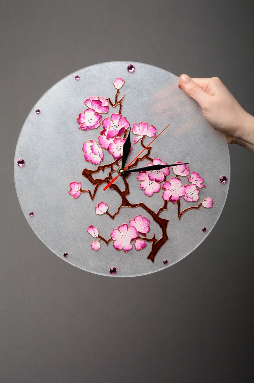 Handmade painted glass clock Sakura photo 5