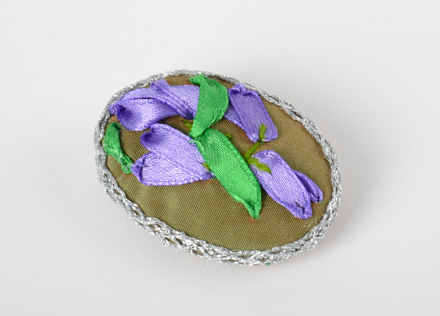 Handmade textile brooch with blue flowers embroidered using satin ribbons photo 2