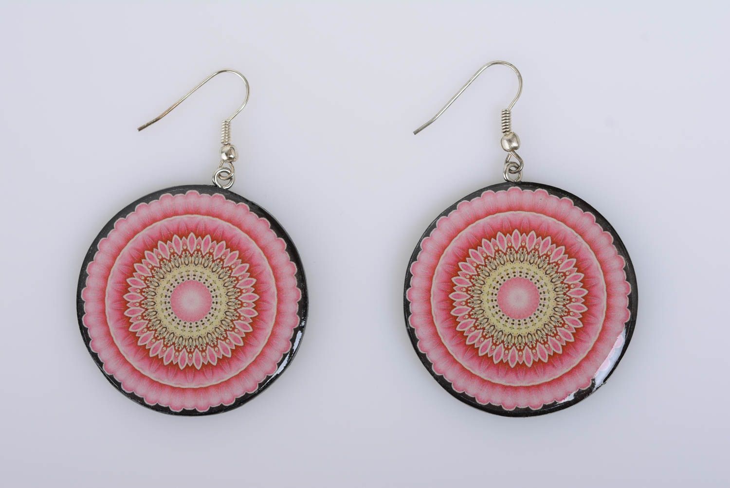 Handmade pink round dangling earrings molded of polymer clay with decoupage  photo 5