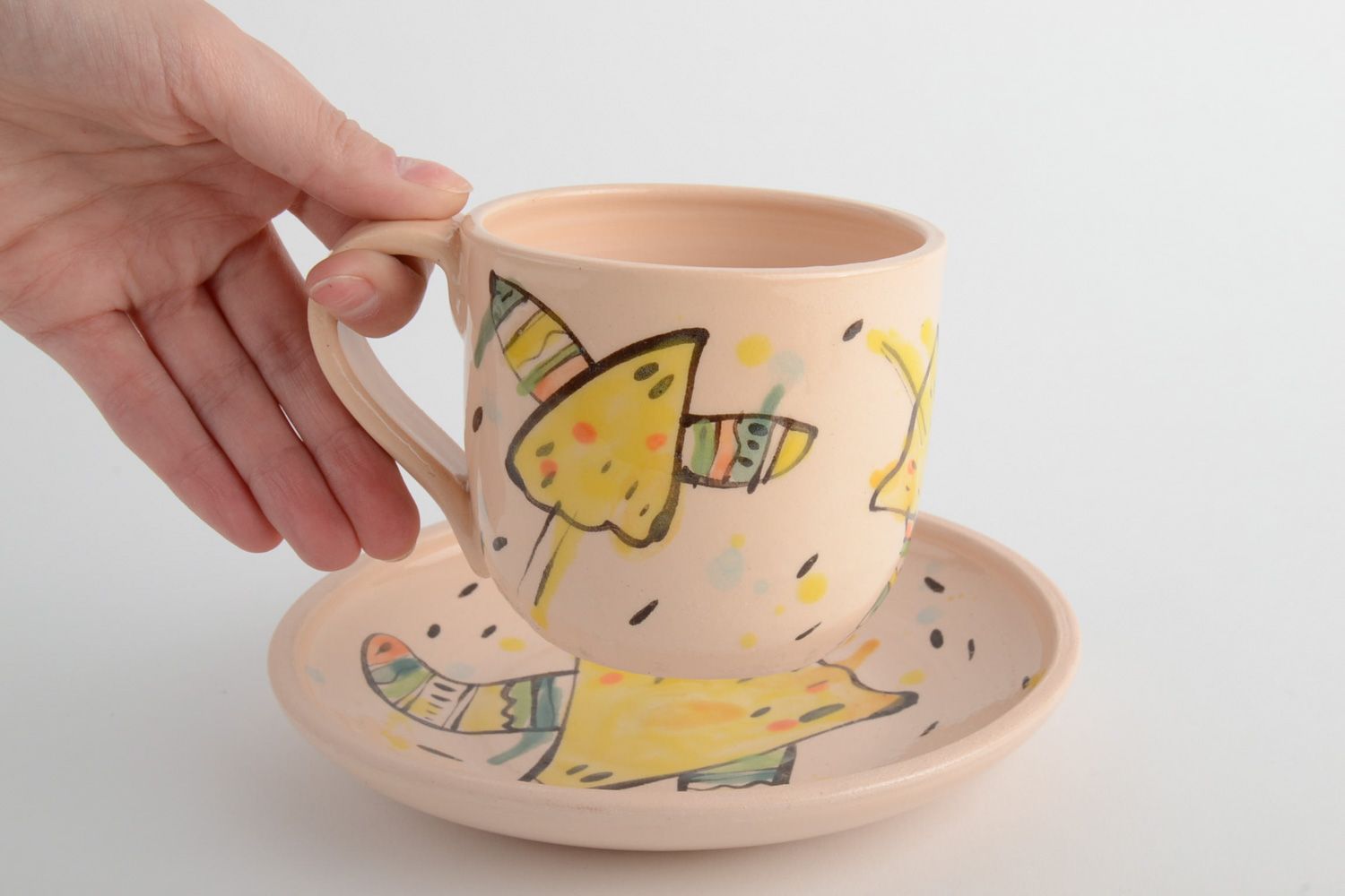 Ensemble de tasse et assiette en céramique rose fait main original Oiseau photo 5