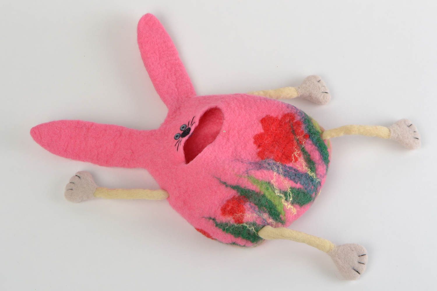 Wool organizer for remote controls in the form of pink hare handmade funny toy photo 2
