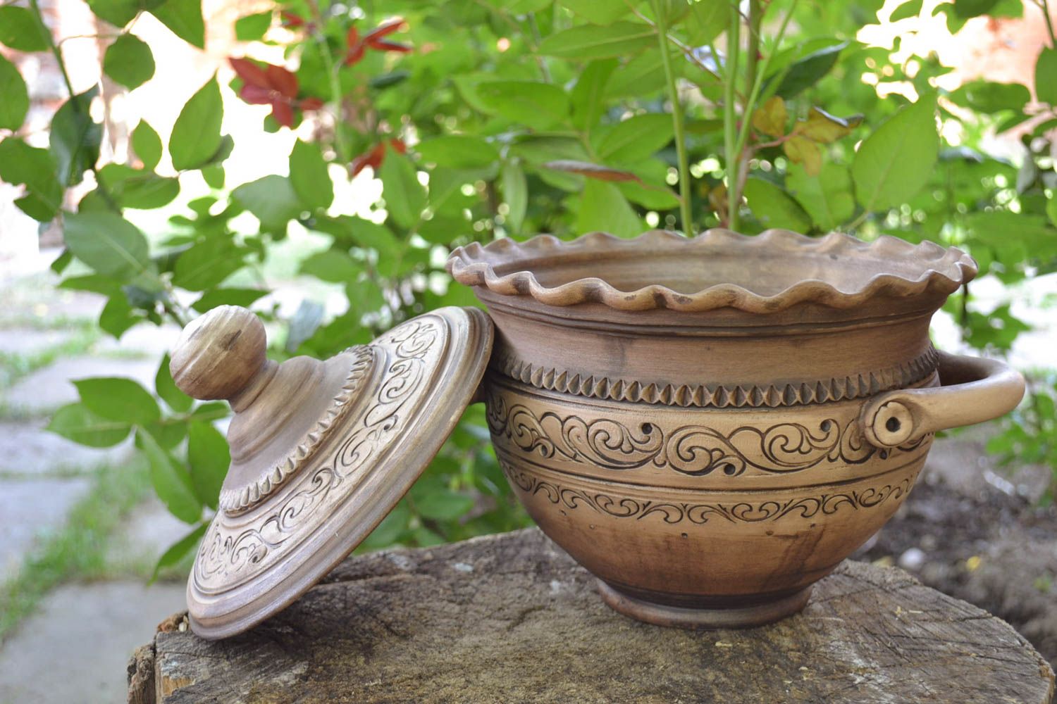 Grand faitout en céramique fait main brun original décoré joli 3 l vaisselle photo 1
