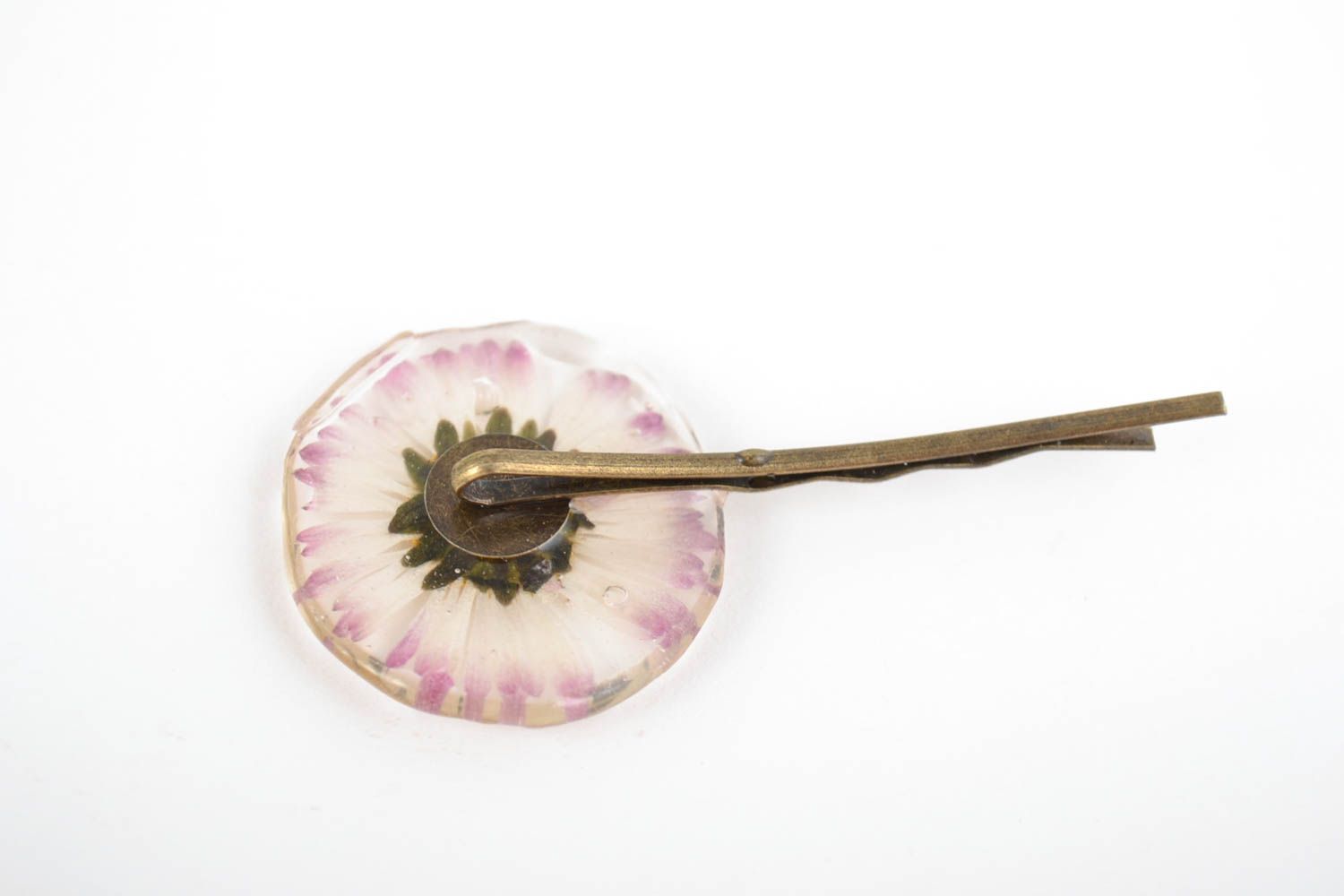 Handmade decorative metal hair pin with natural dried flower in epoxy resin photo 2