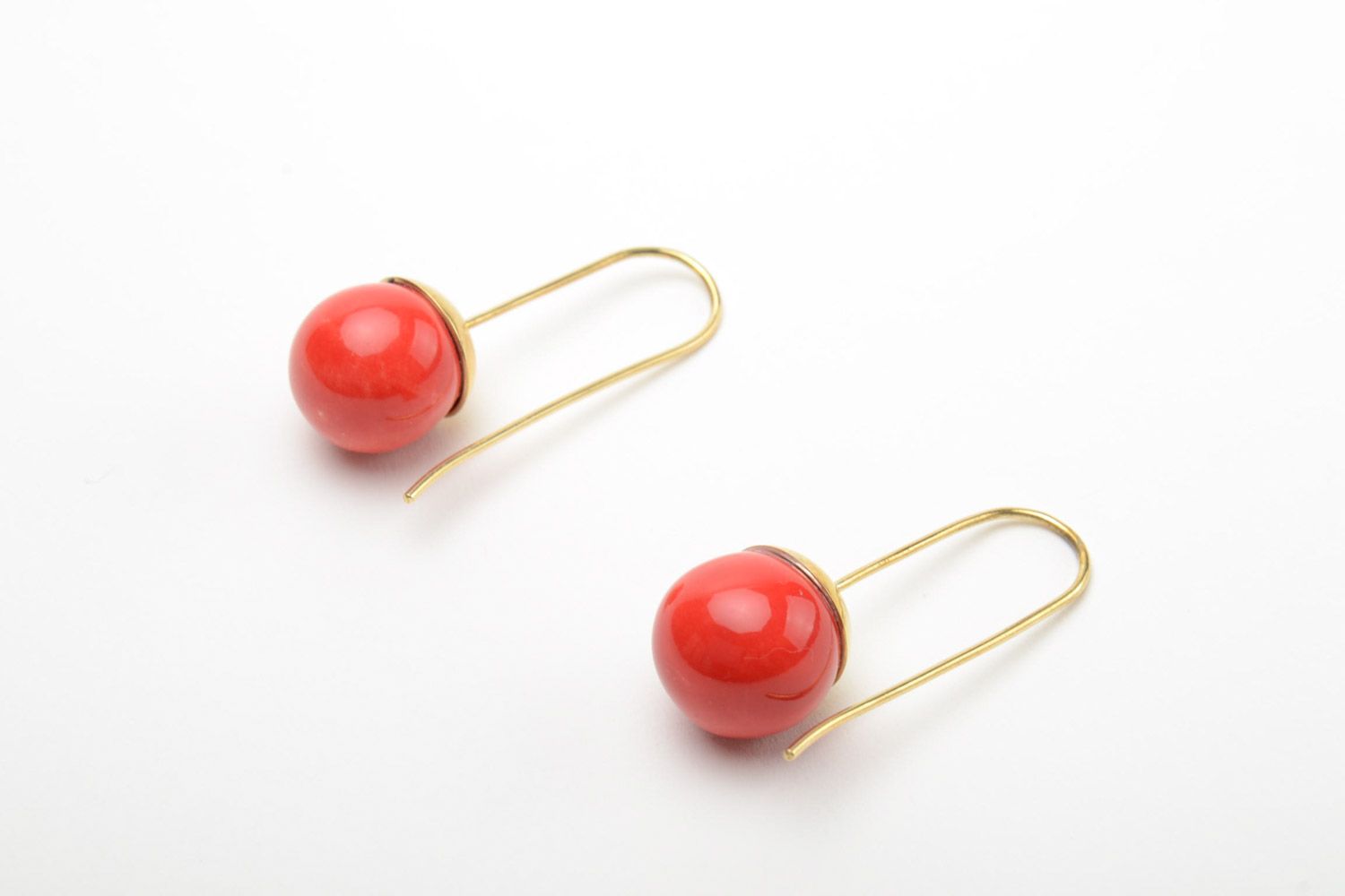 Handmade red ceramic earrings with brass frame and long ear wires photo 2
