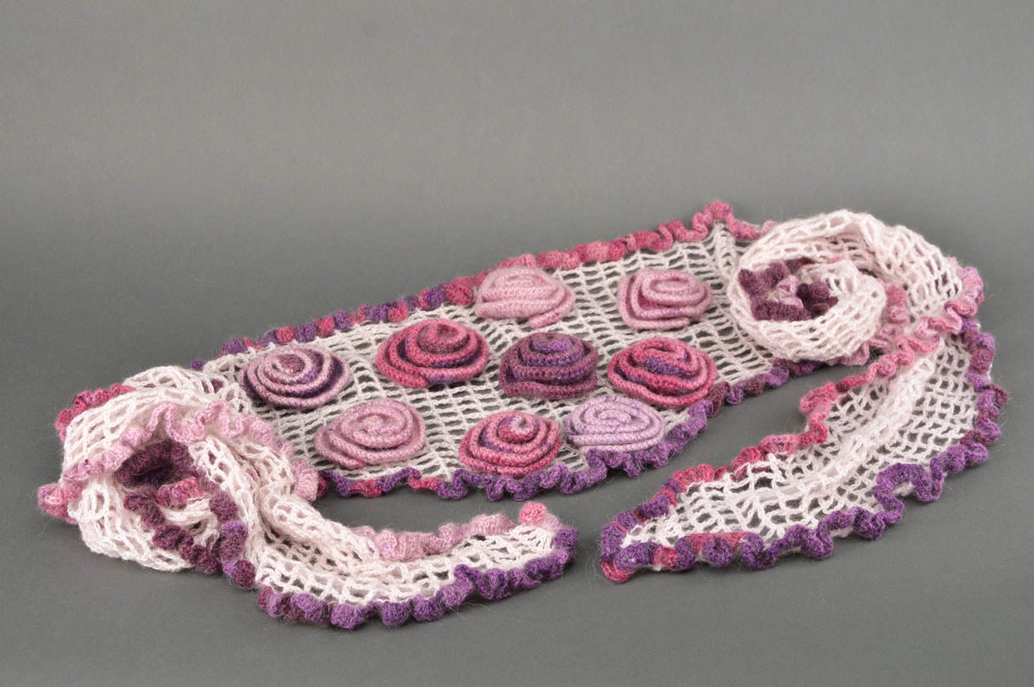 Ажурный шарф ручной работы шерстяной шарф с цветами женский шарф розовый фото 2