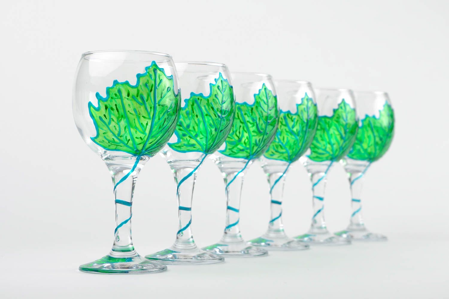 Unusual handmade wine glass drinkware set glass ware stemware 6 pieces 290 ml photo 1