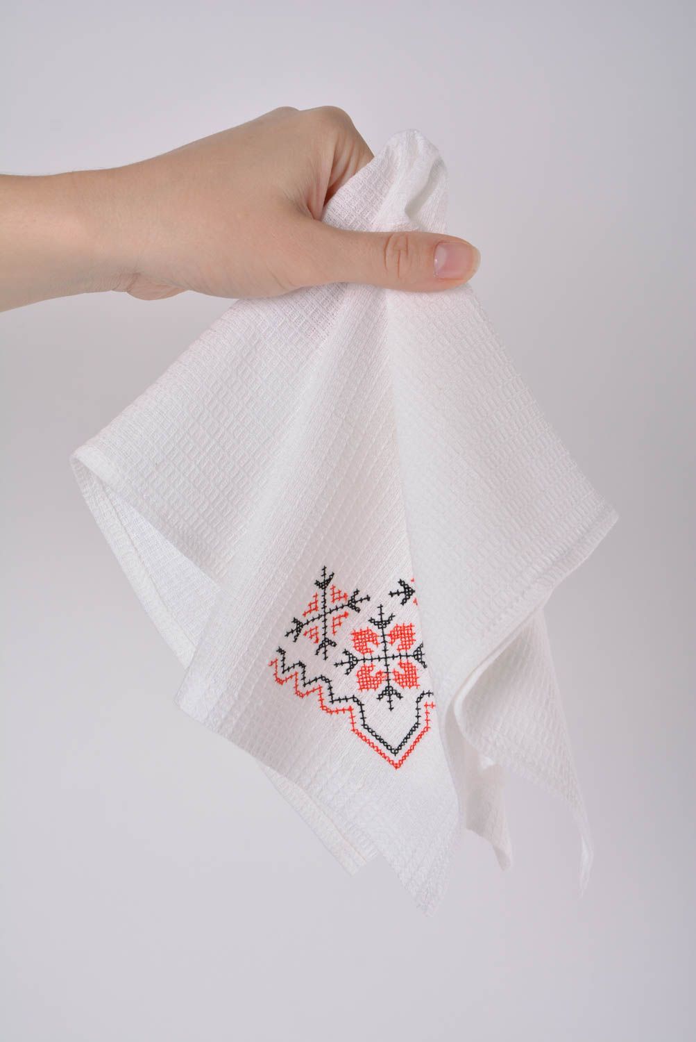 Set of 6 handmade designer white cotton napkins with black and red embroidery photo 3