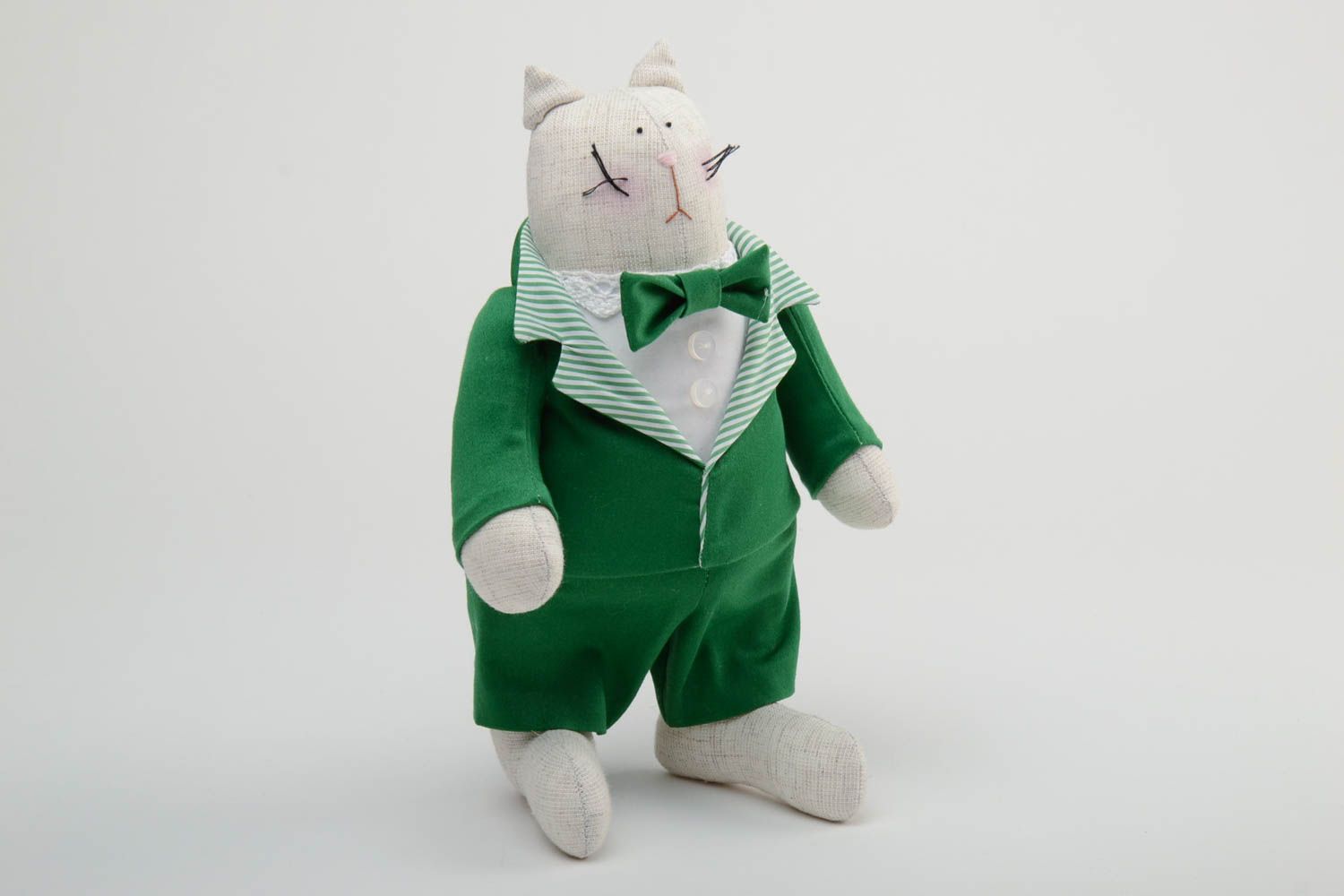 Handmade designer soft toy sewn of cotton fabric fat cat in green business suit photo 2