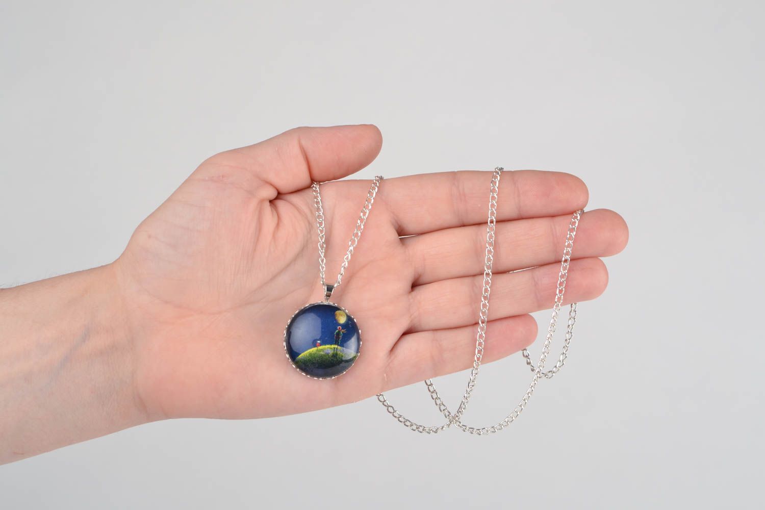 Handmade small round pendant with glass on long metal chain Starry Sky  photo 2