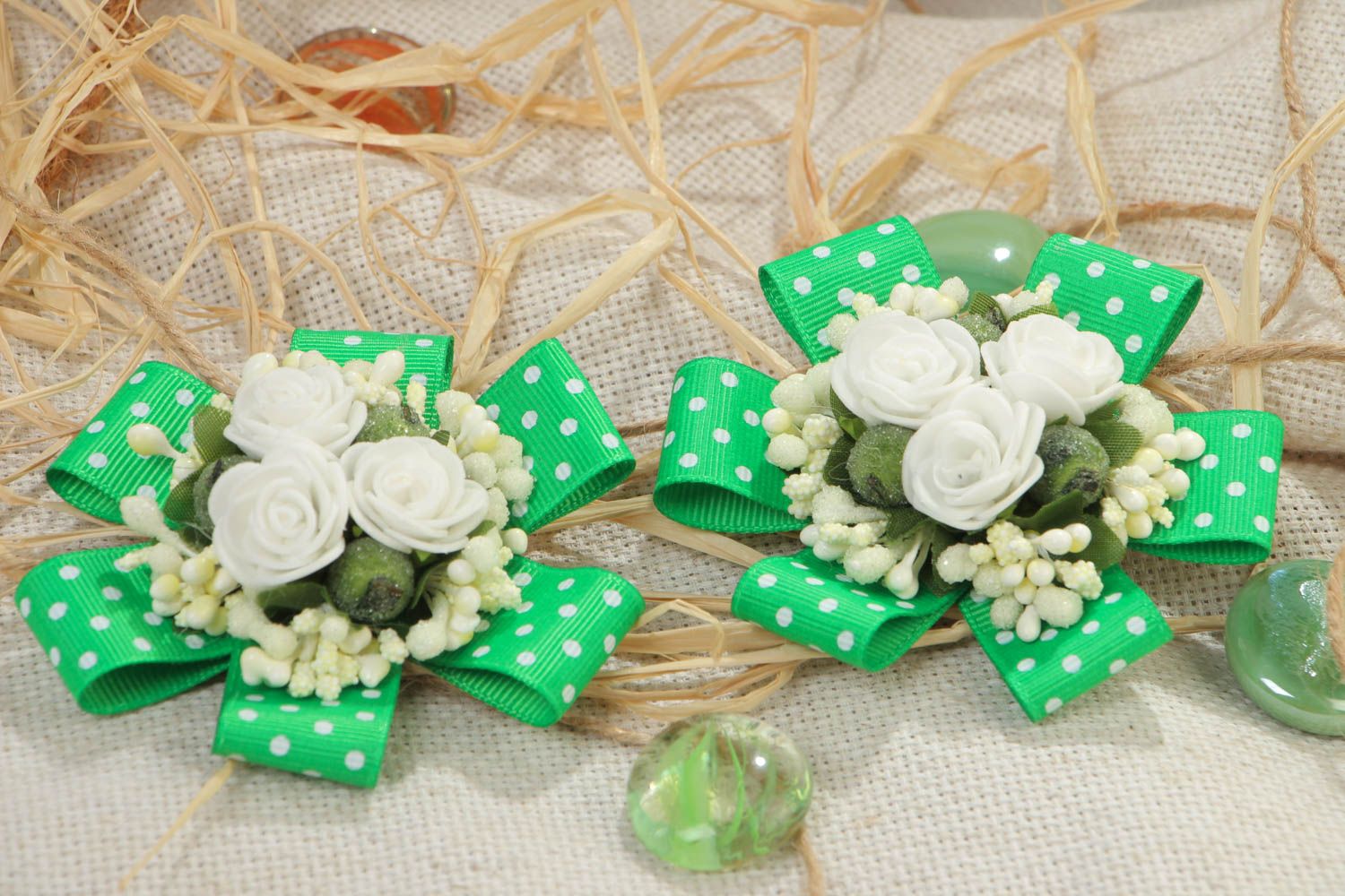 A set of 2 identical unique handmade green bobby pins made of green strips  photo 1