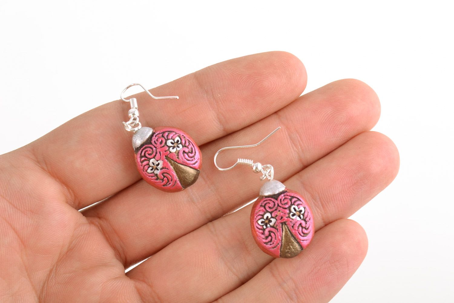 Tender small ceramic dangling earrings painted with acrylics handmade for women photo 2