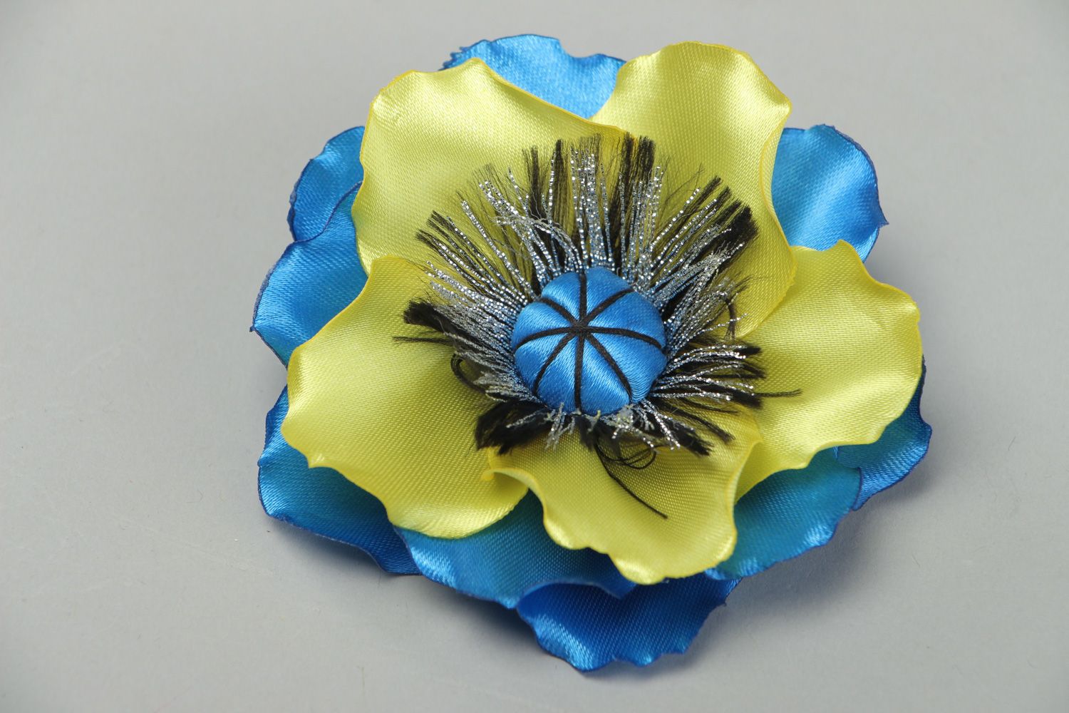 Handmade designer jewelry transformer brooch hair clip yellow and blue flower photo 1