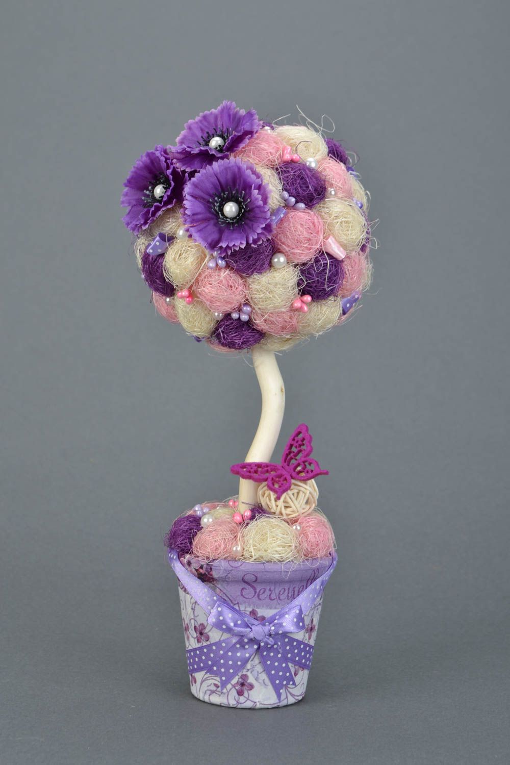 Handmade decorative tree topiary with flowers and beads in violet color palette photo 3
