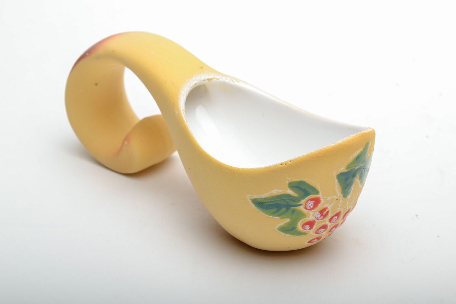 Large ceramic centerpiece soup bowl in yellow and white color with floral design and 6 six ceramic spoons photo 4