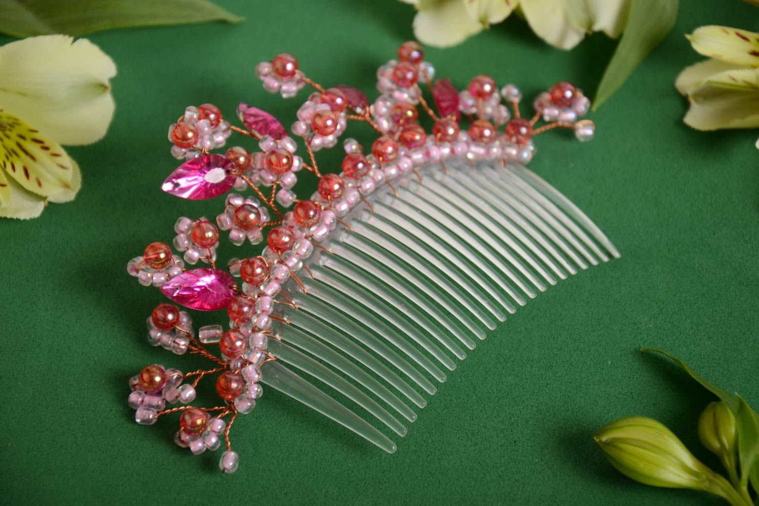 Beautiful handmade plastic hair comb with beads and flowers photo 1