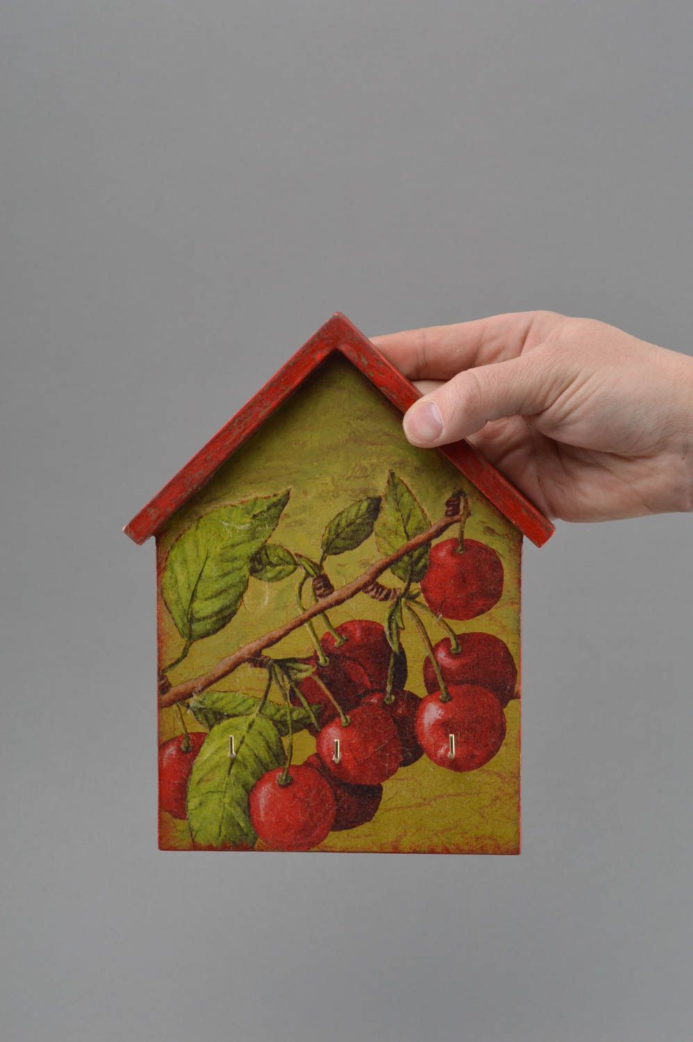 Beautiful handmade decoupage plywood wall key holder House with cherry image photo 4