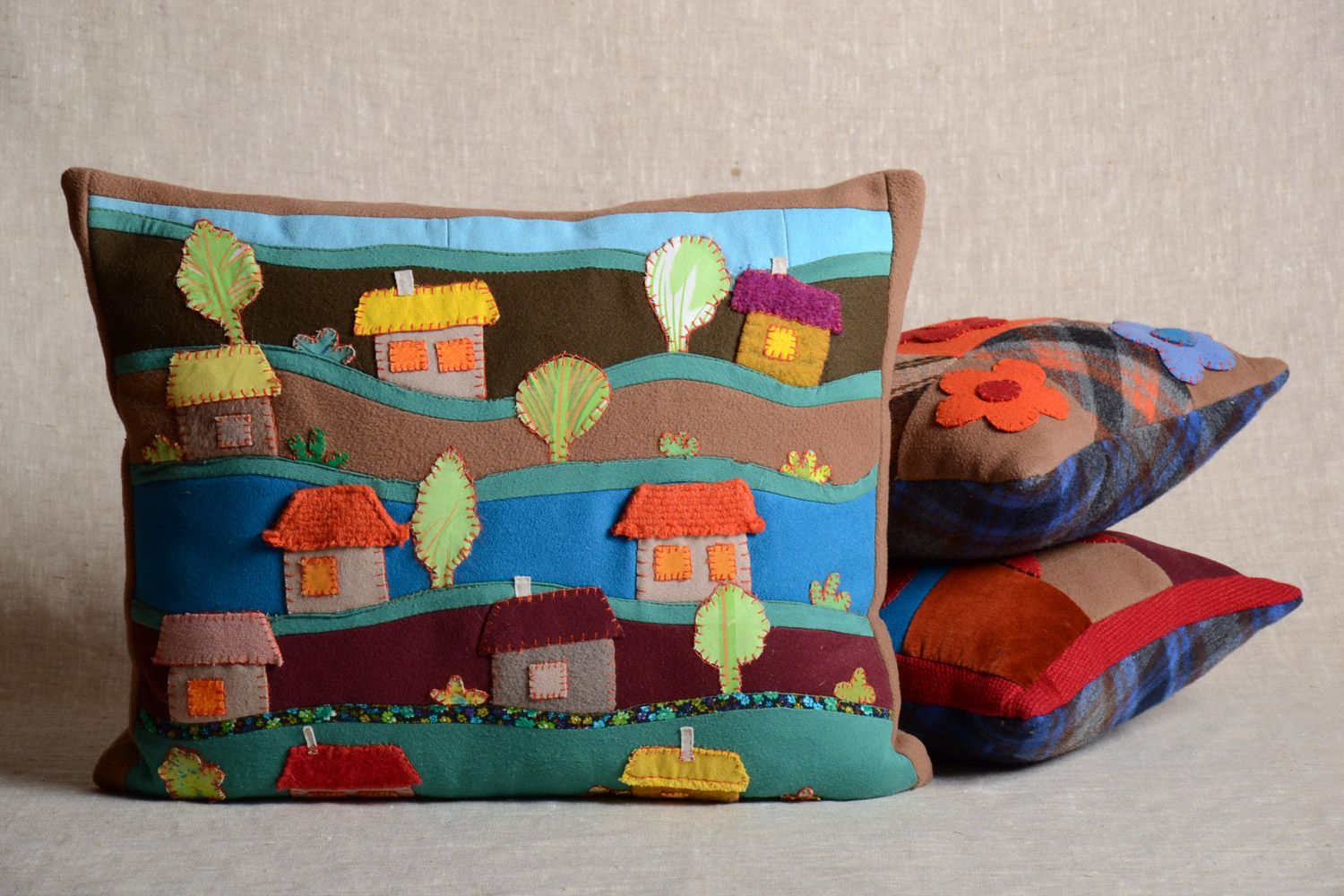 Bright handmade soft cushion with applique work for children's room photo 1