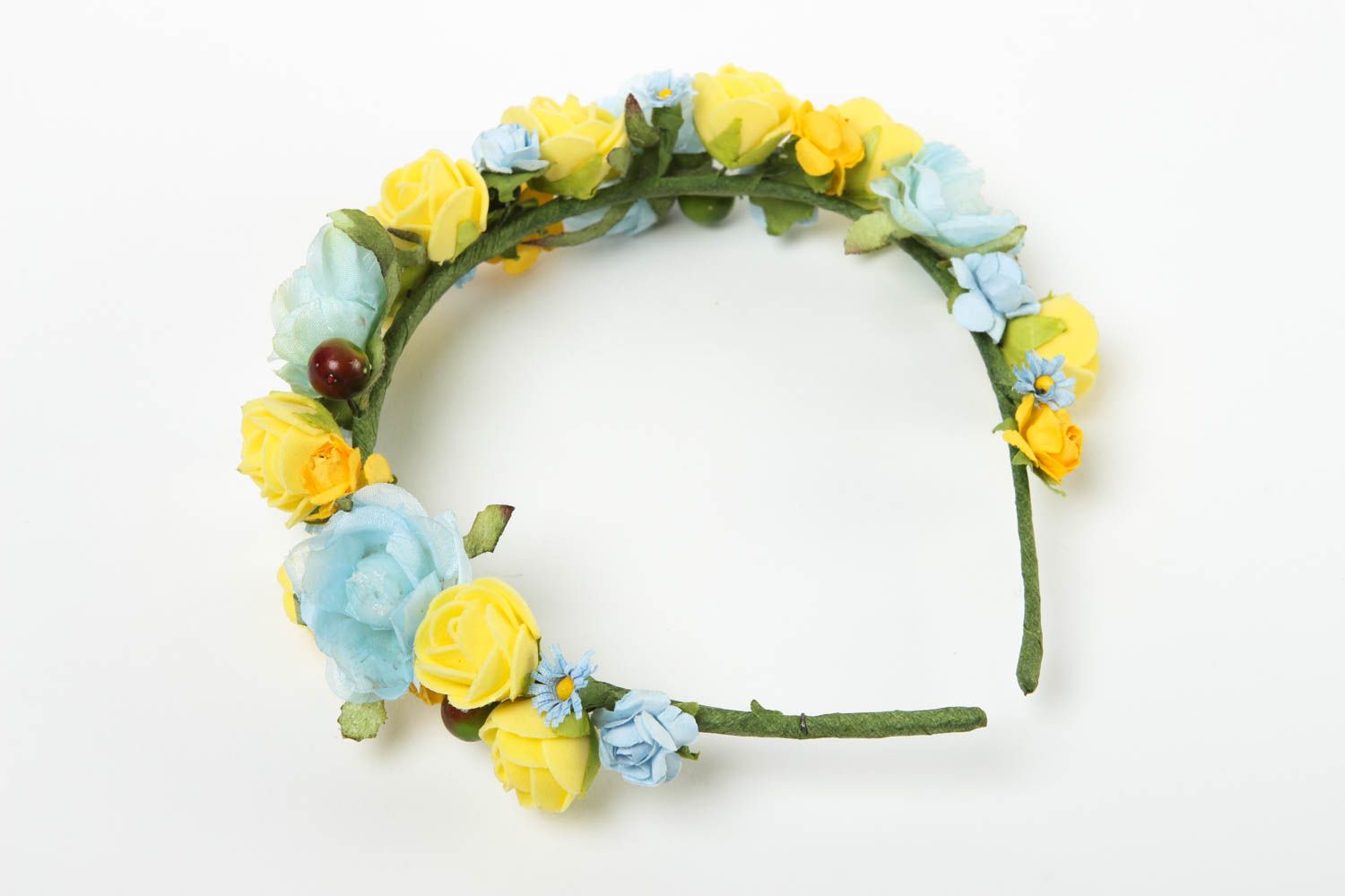 Serre-tête fleurs fait main Accessoire cheveux jaune et bleu Cadeau insolite photo 2