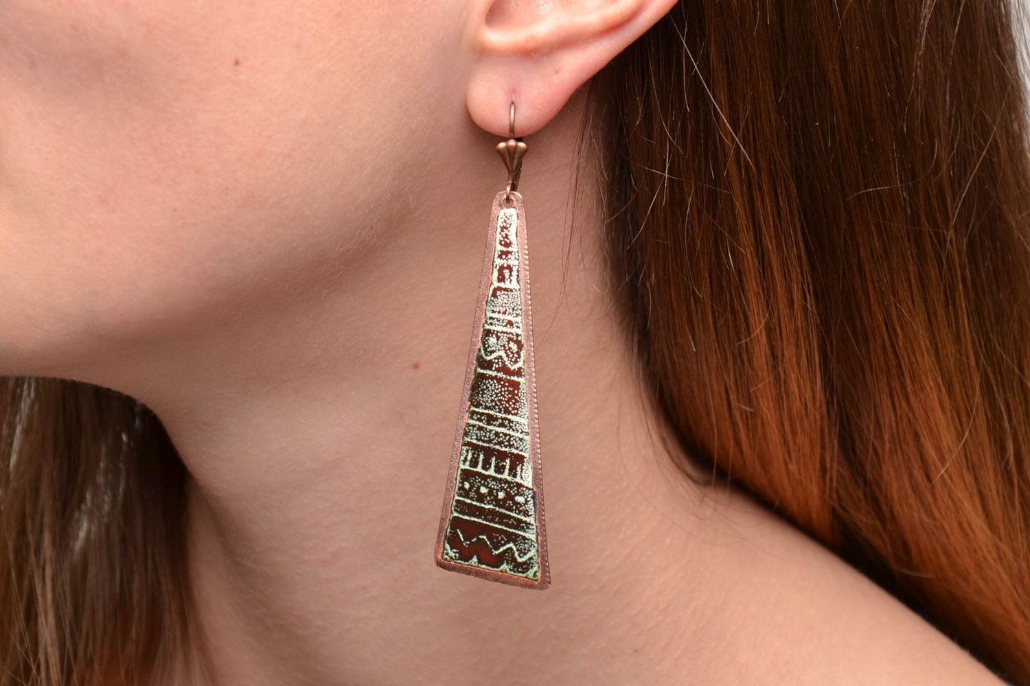 Long triangle copper earrings with enamels photo 2