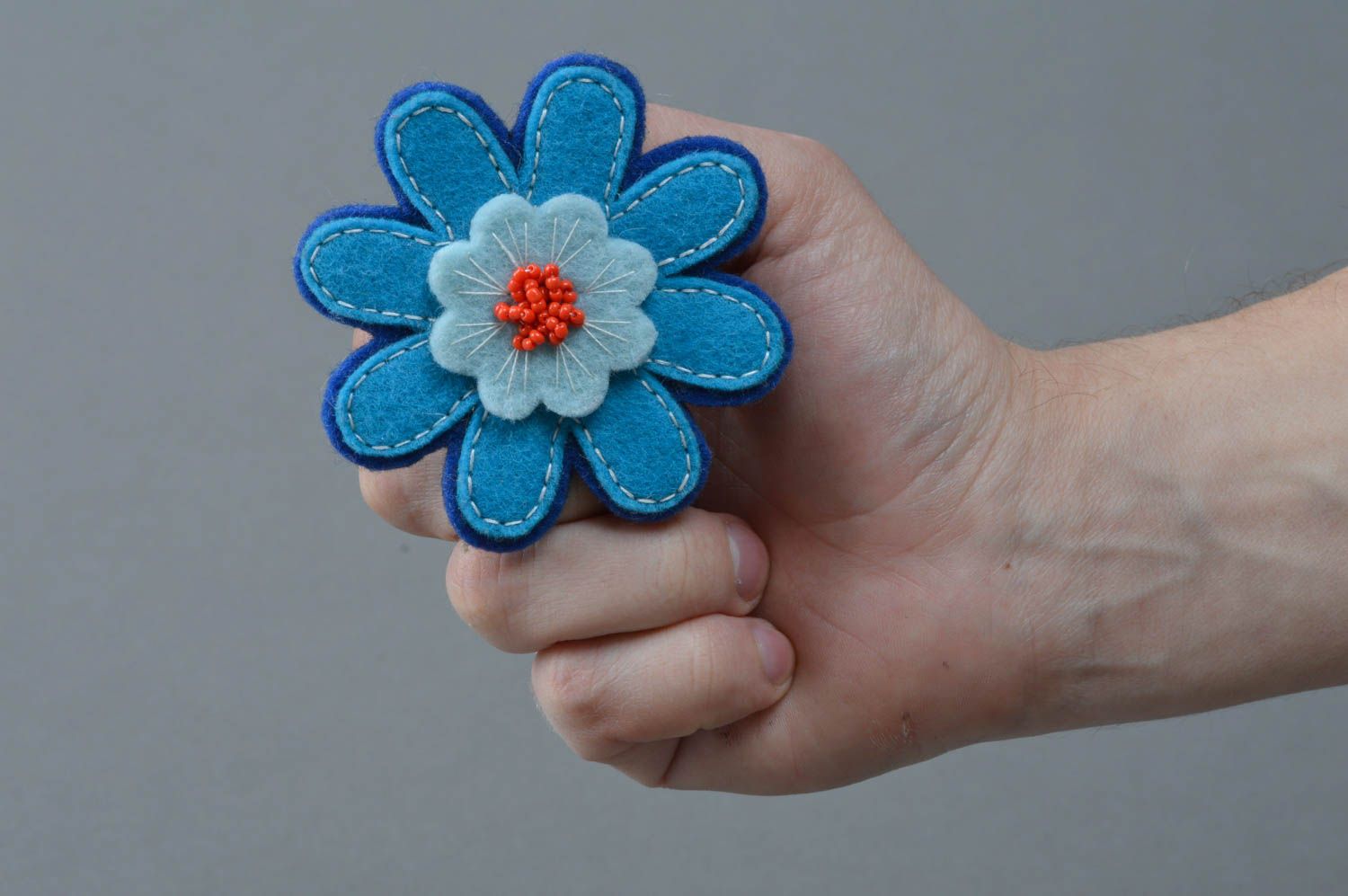 Beautiful blue handmade designer felt flower brooch with beads photo 4