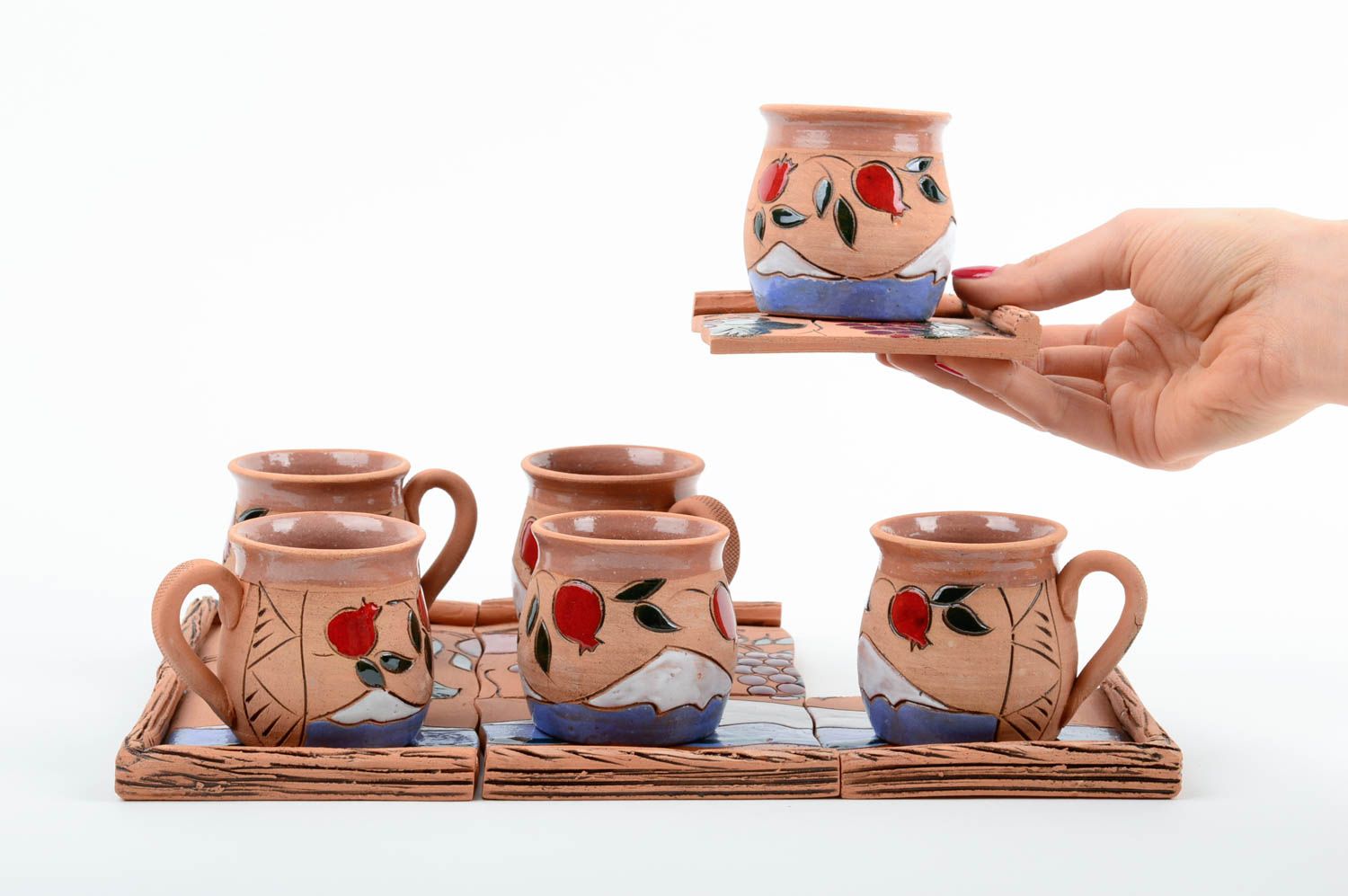 Geschirr Set handmade Tassen mit Unterteller Keramik Geschirr mit Bemalung schön foto 2