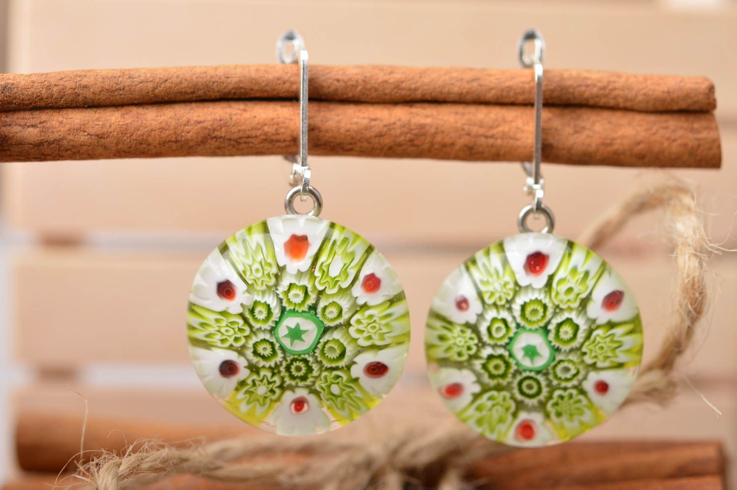 Beautiful handmade round Murano glass earrings with designer ear wires Spring photo 1